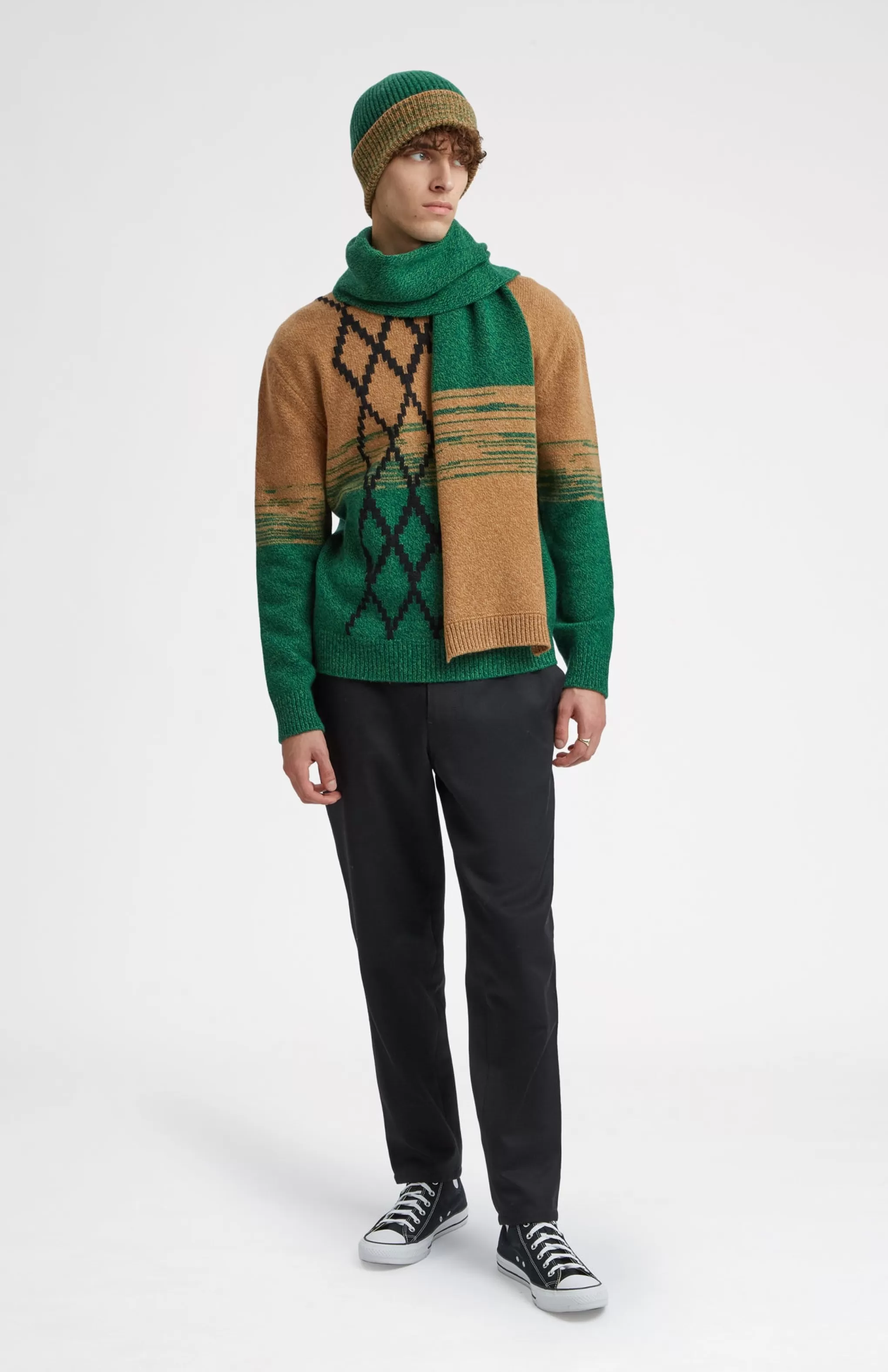 Outlet Lambswool Round Neck Jumper With Argyle Pattern And Degrade Effect In Vicuna And Evergreen Men Lambswool
