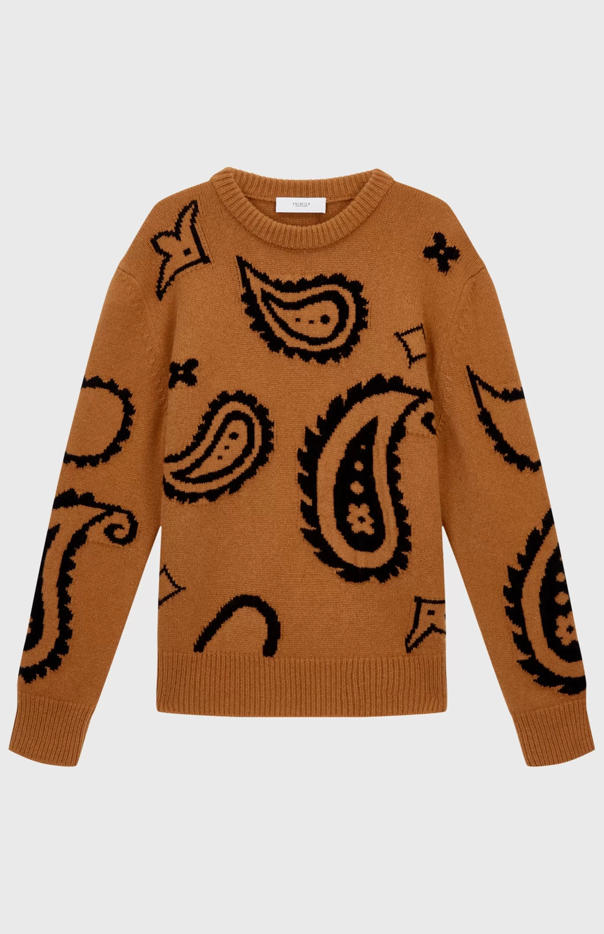 Outlet Lambswool Round Neck Jumper With Exploded Paisley Intarsia Pattern In Vicuna And Black Men Round Neck Knits