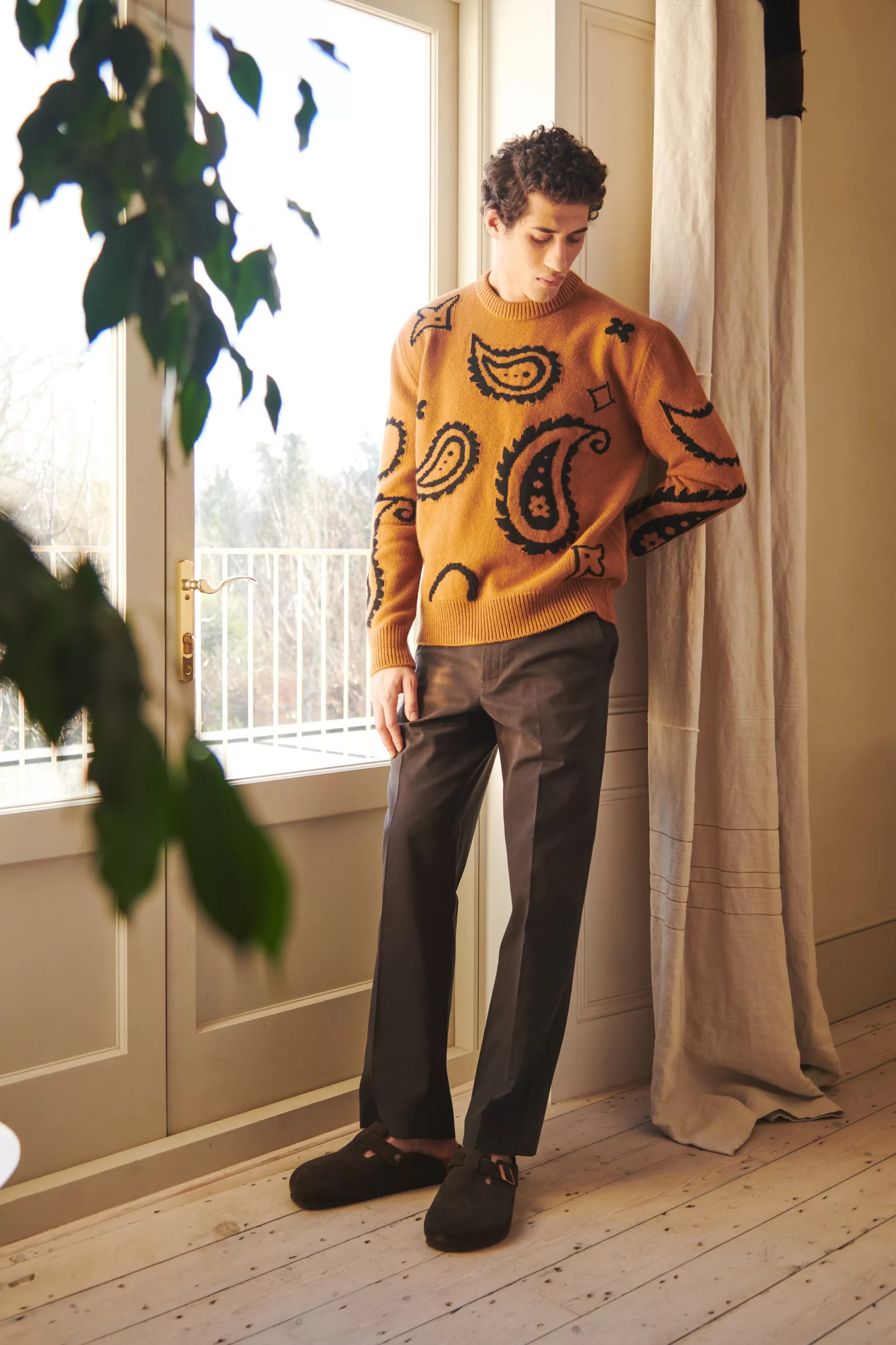 Cheap Lambswool Round Neck Jumper With Exploded Paisley Intarsia Pattern In Vicuna And Black Men Medium Weight Knits