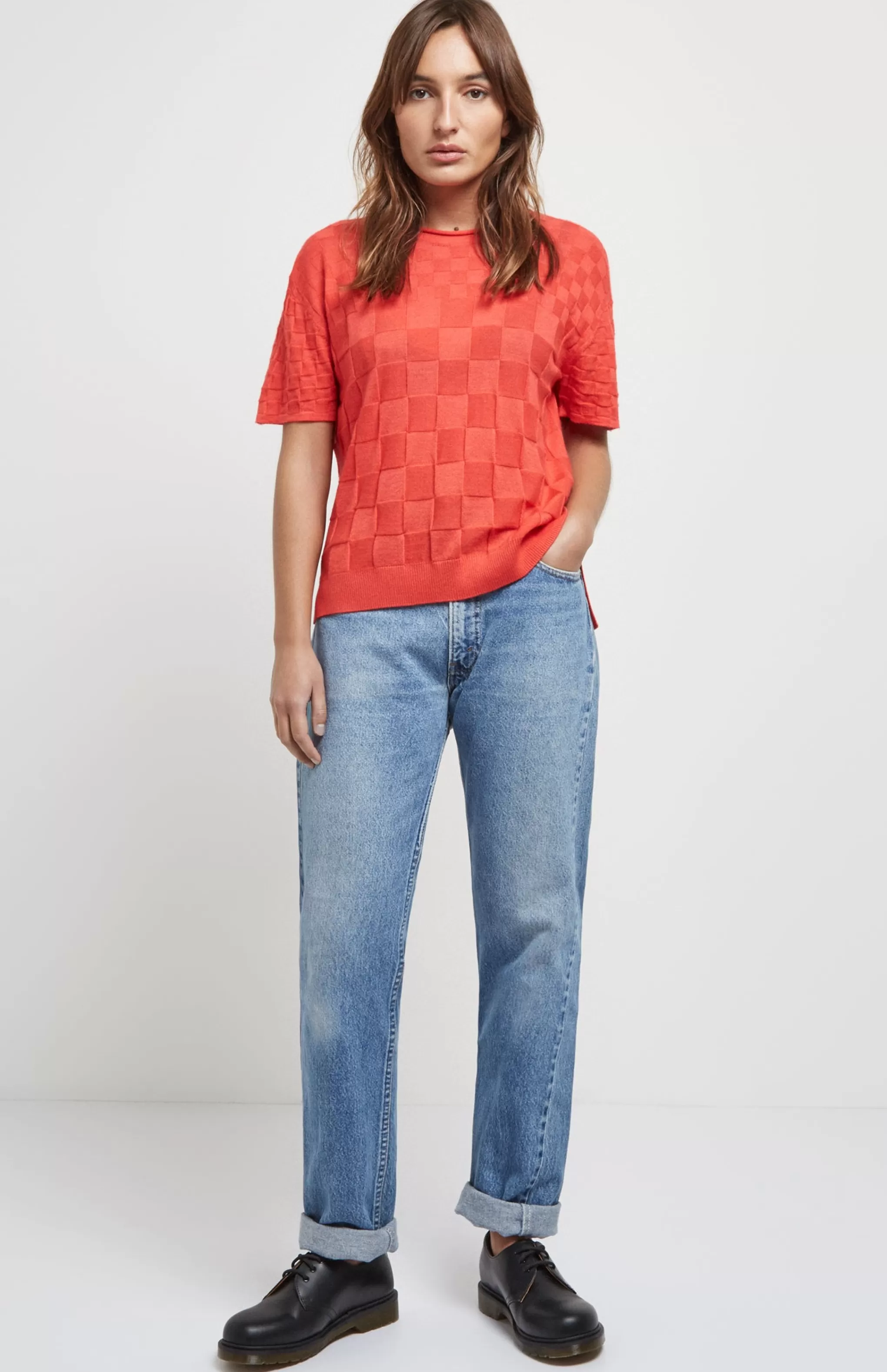 Discount Lightweight 3D Check Silk Blend T-Shirt in Orange Men/Women Round Neck Knits