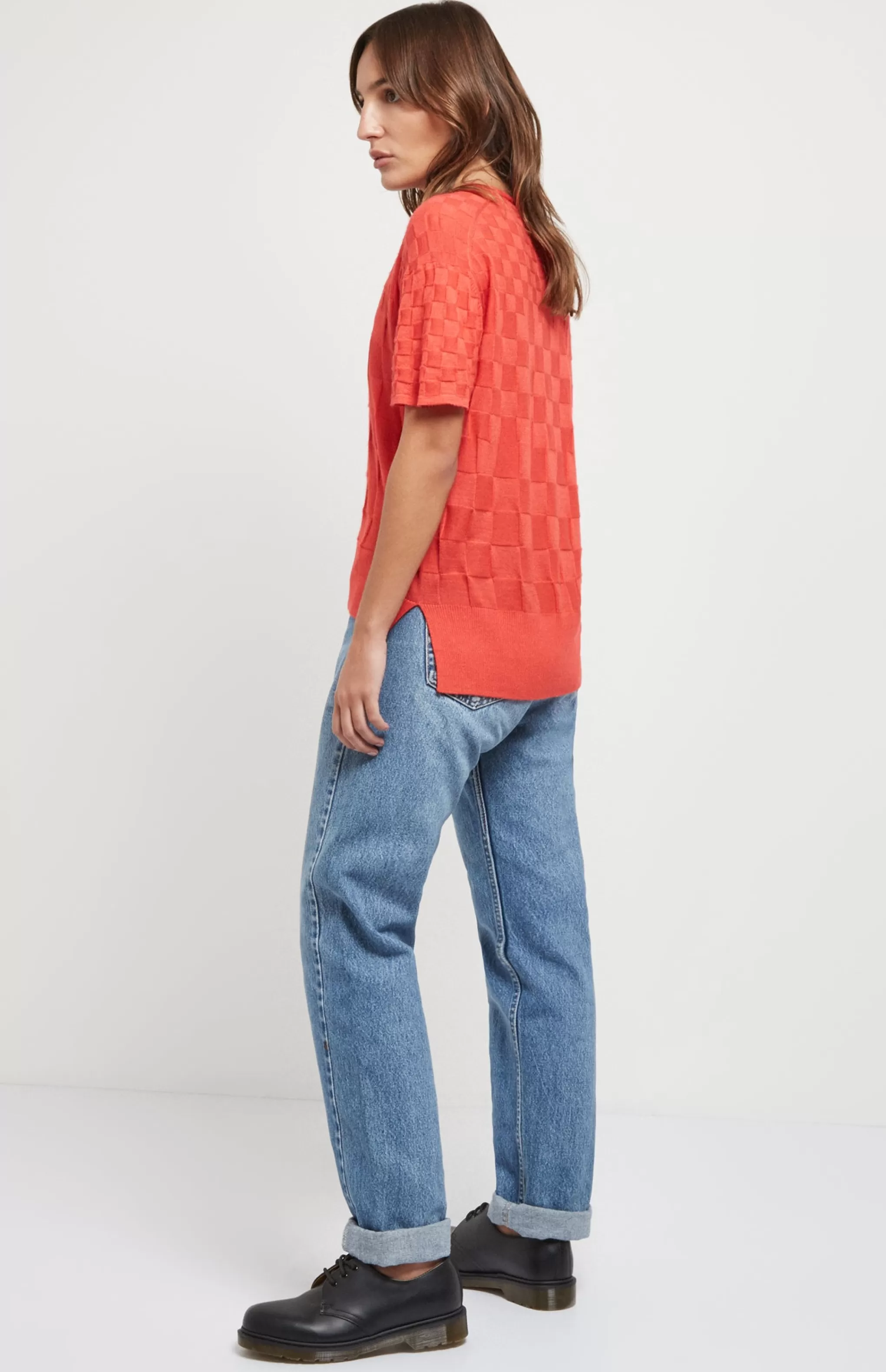 Discount Lightweight 3D Check Silk Blend T-Shirt in Orange Men/Women Round Neck Knits