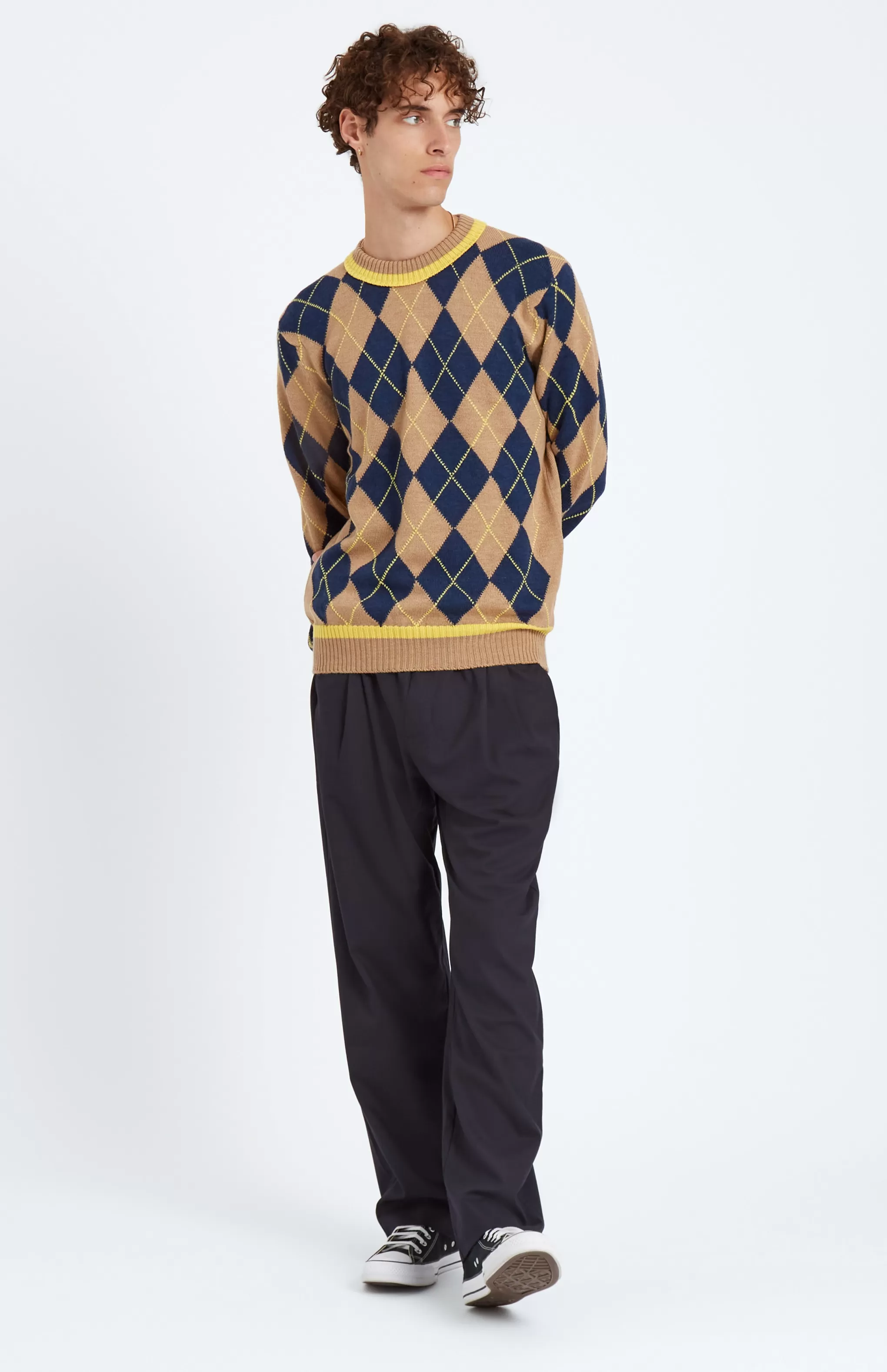 Outlet Men's Argyle Merino Jumper In Sand And Bright Yellow Men Merino