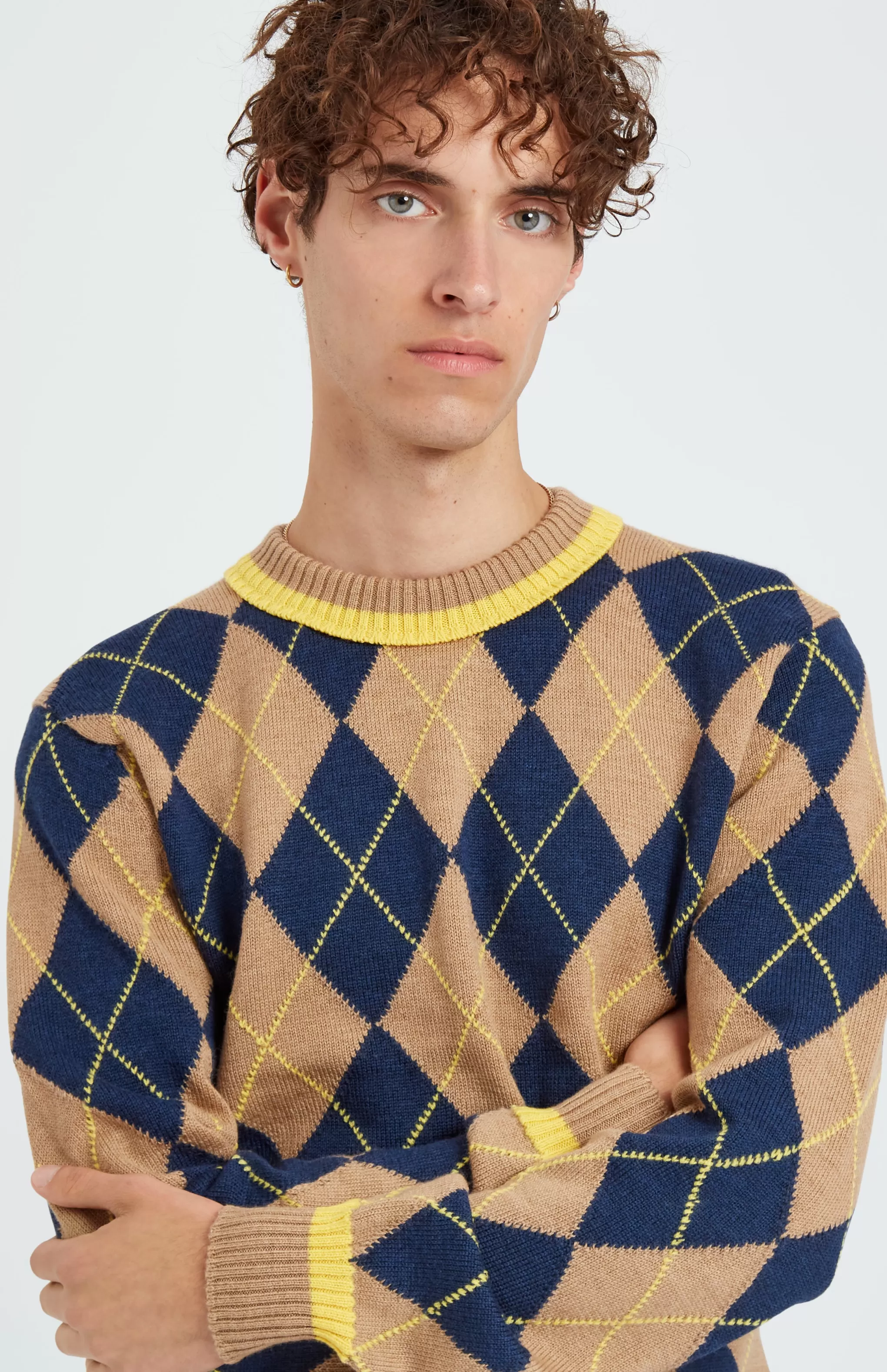 New Men's Argyle Merino Jumper In Sand And Bright Yellow Men Made in Scotland