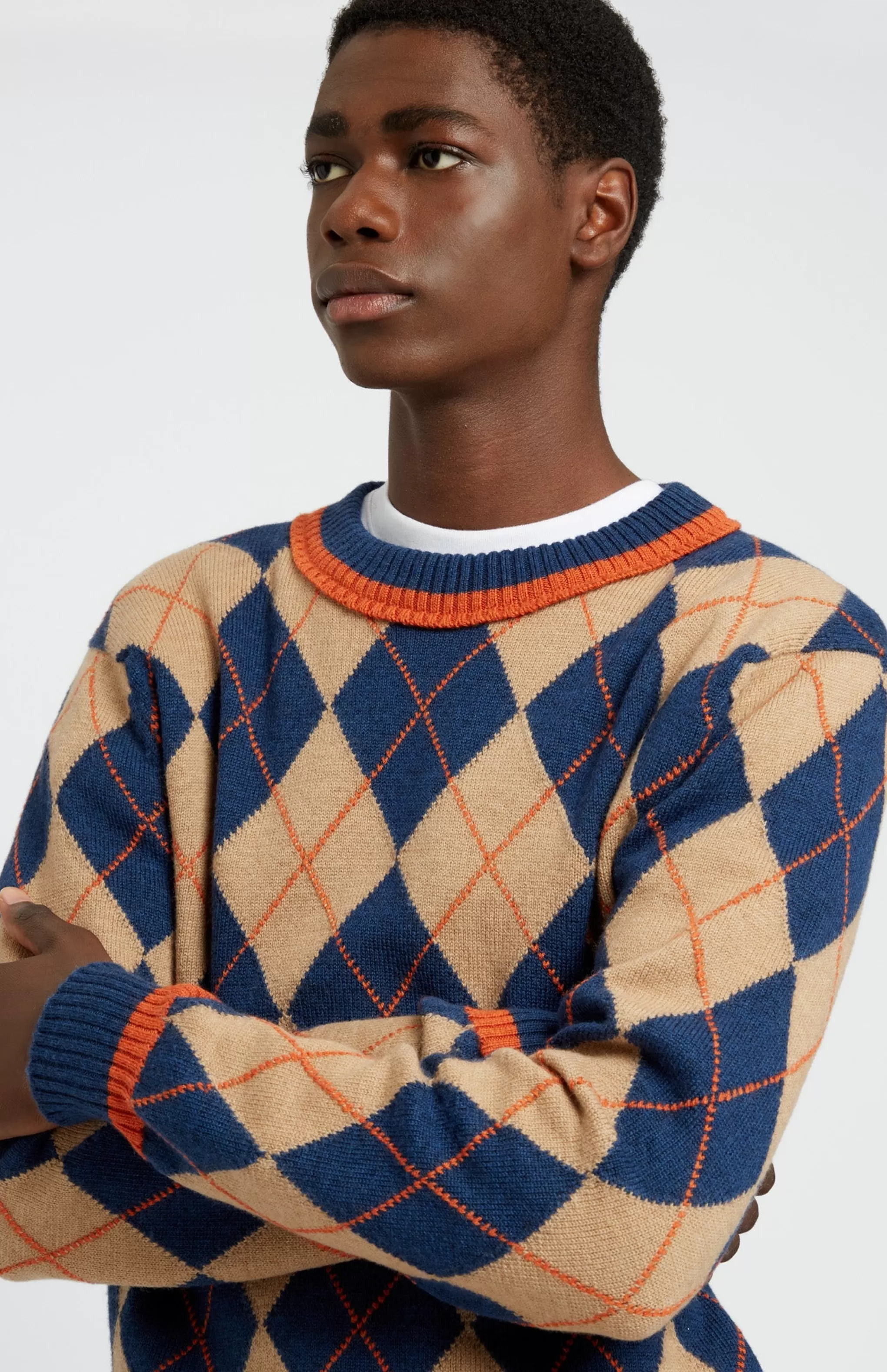 New Men's Argyle Merino Jumper In Sand And Ink Men Medium Weight Knits