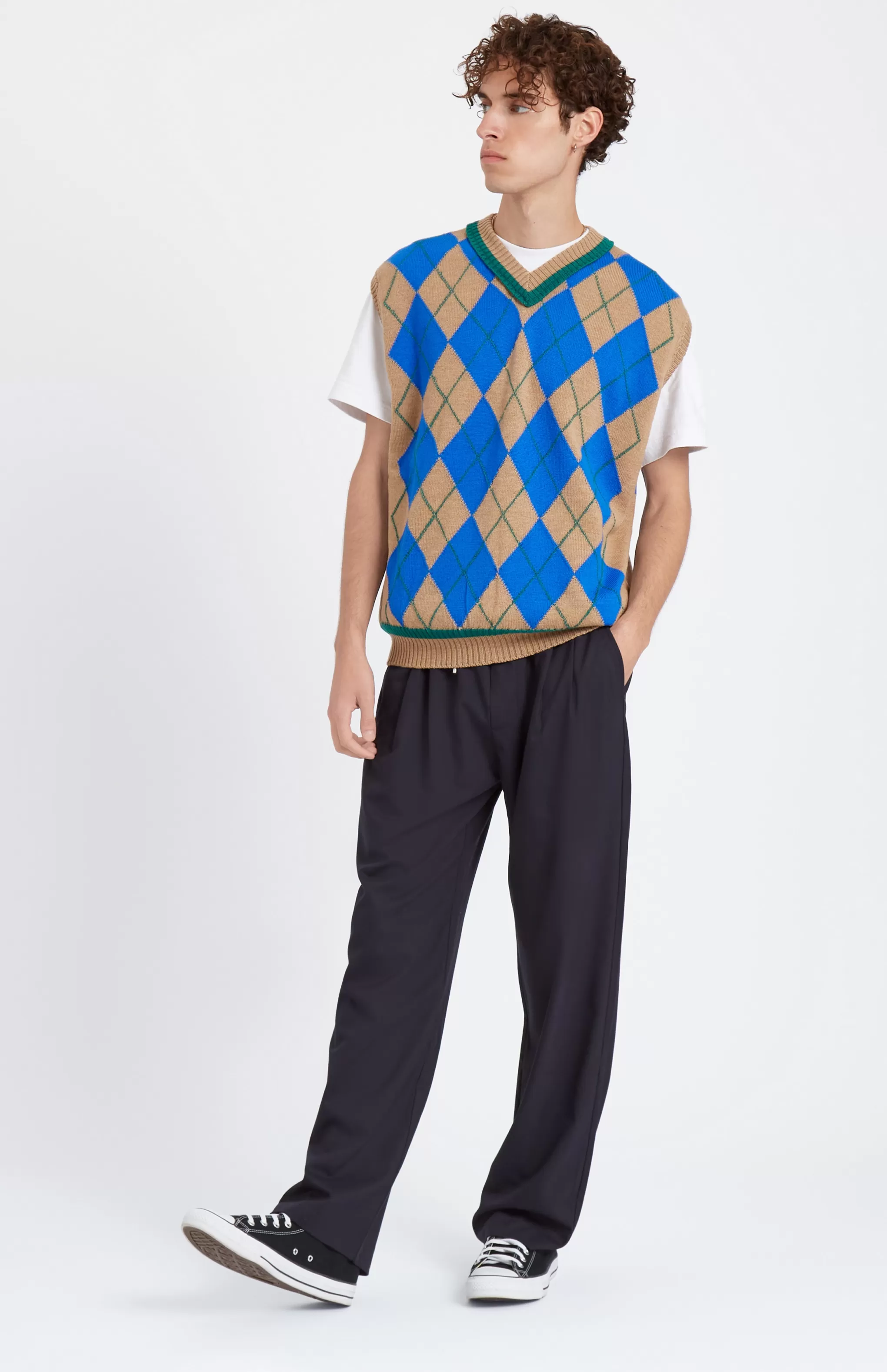 Fashion Men's Argyle Merino Vest In Sand And Azure Blue Men Merino