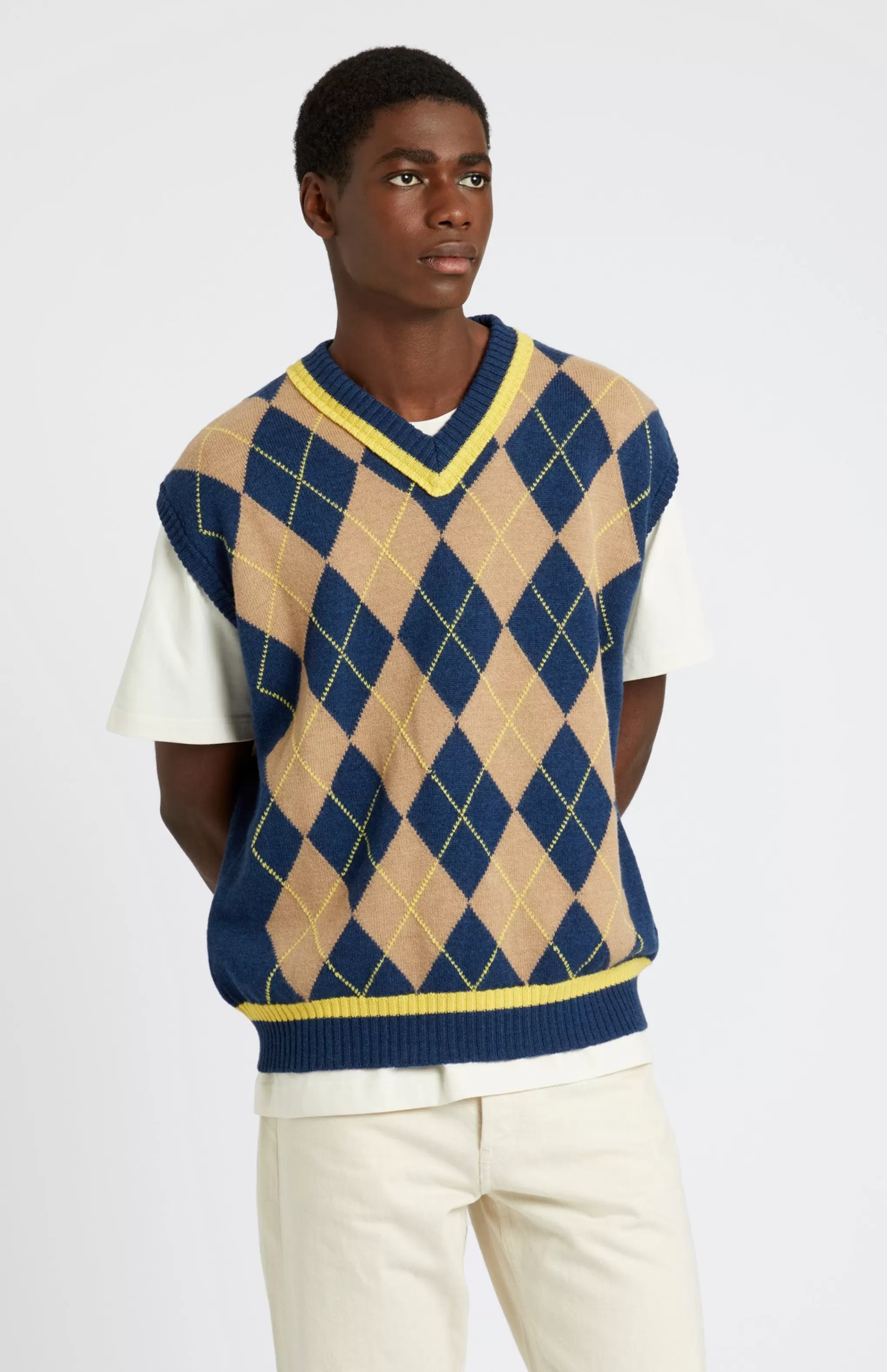 Flash Sale Men's Argyle Merino Vest In Sand And Bright Yellow Men Made in Scotland