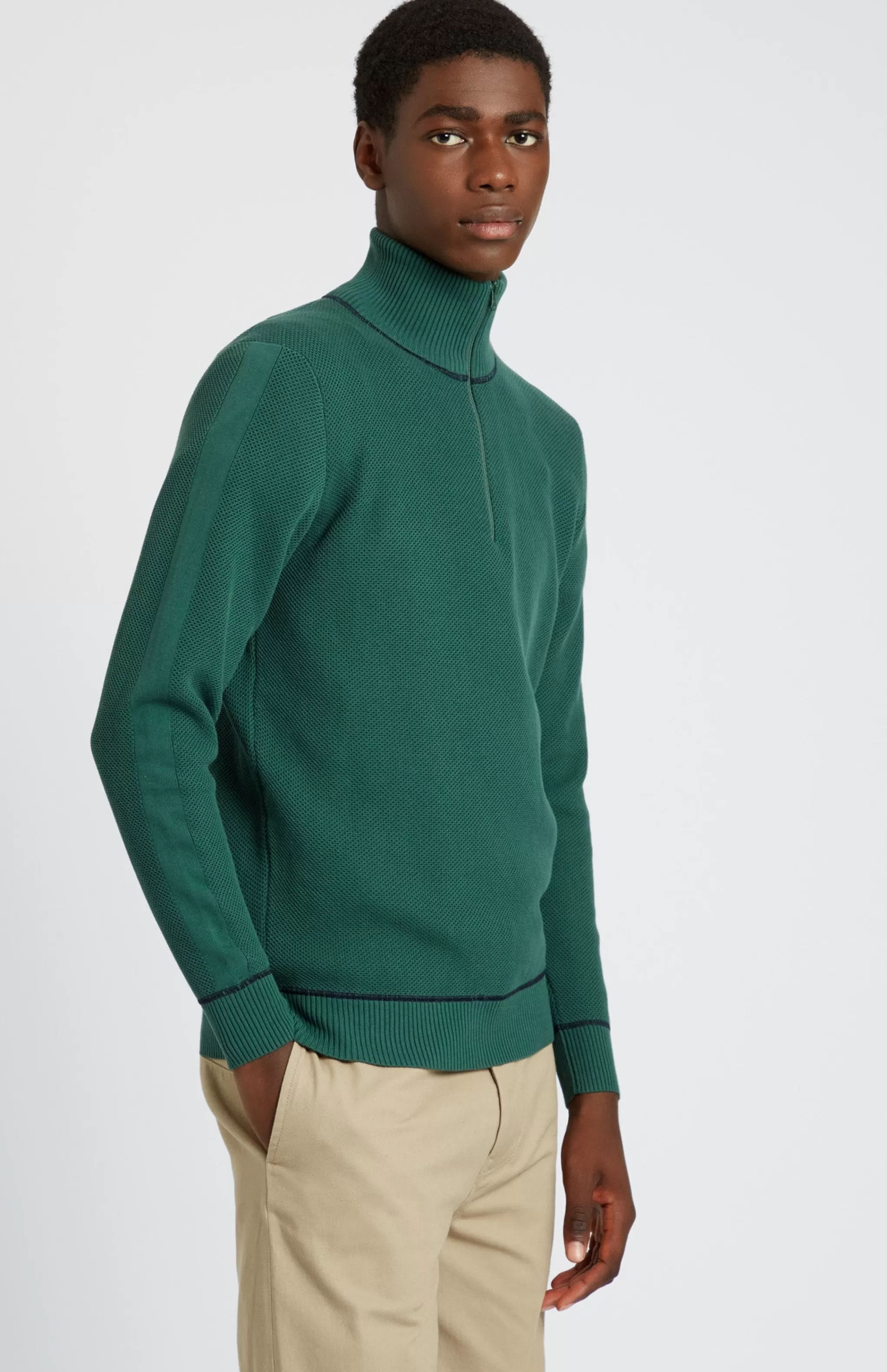 Flash Sale Men's Half Zip Cotton Jumper In Forest Green  / Navy Men Medium Weight Knits