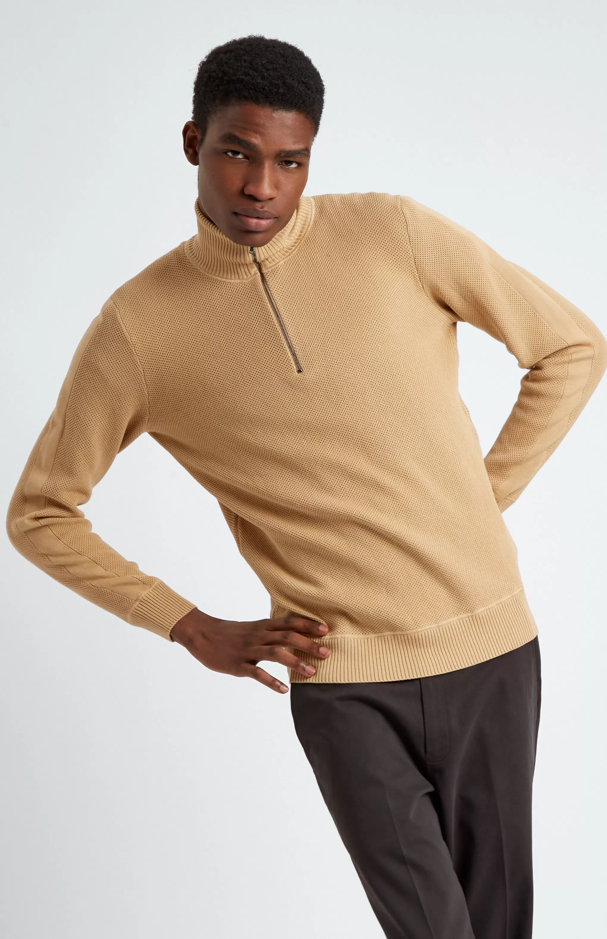 Clearance Men's Half Zip Cotton Jumper In Sand Men Jumpers