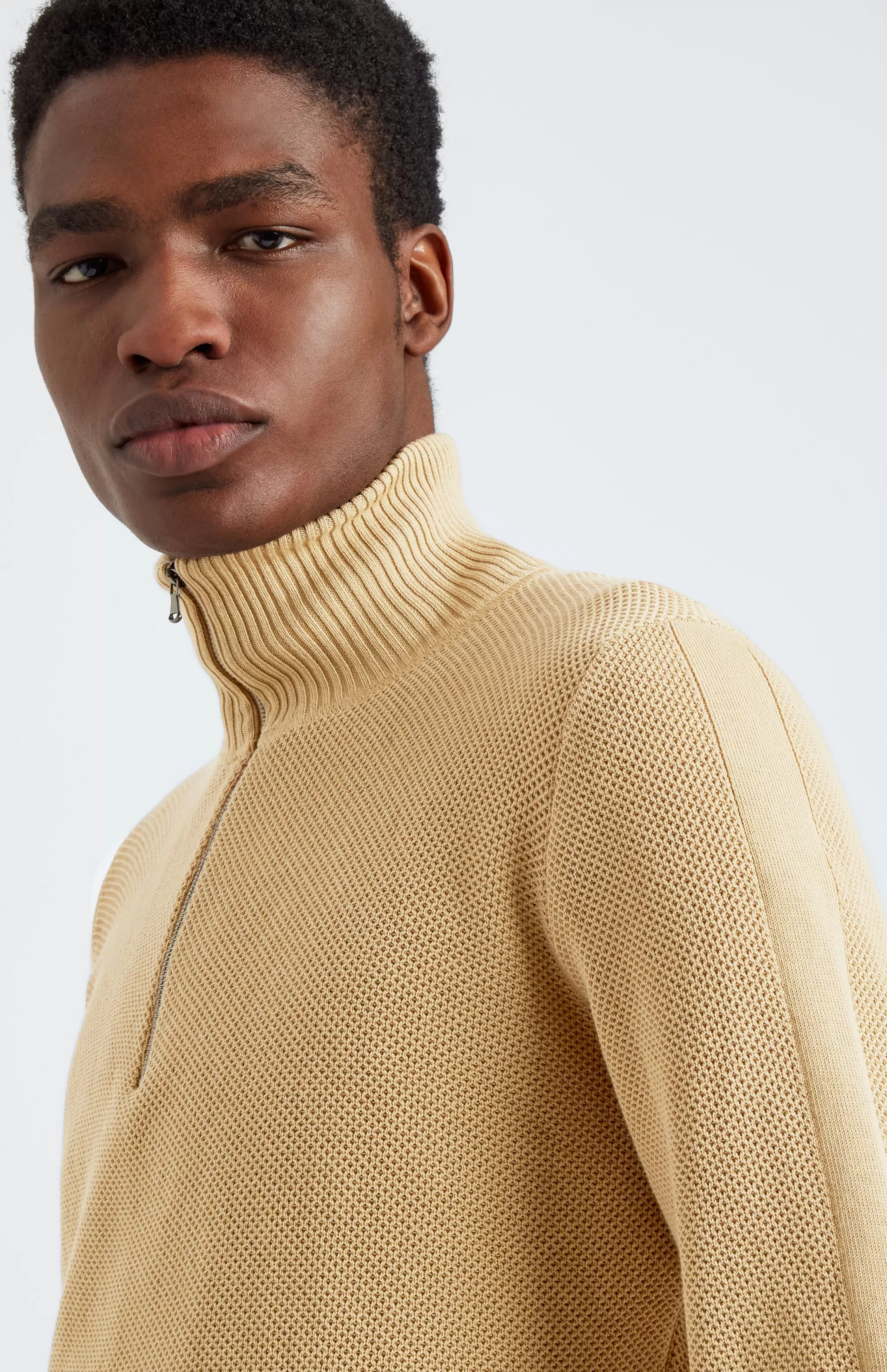 Clearance Men's Half Zip Cotton Jumper In Sand Men Jumpers