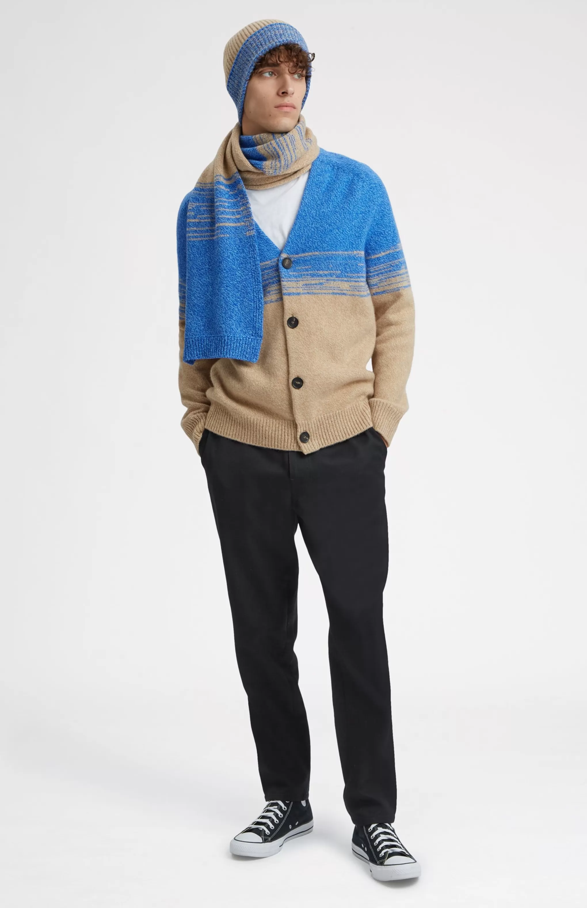 Sale Men's Lambswool Scarf With A Mouline Degrade Effect In Cobalt And Camel Men Lambswool