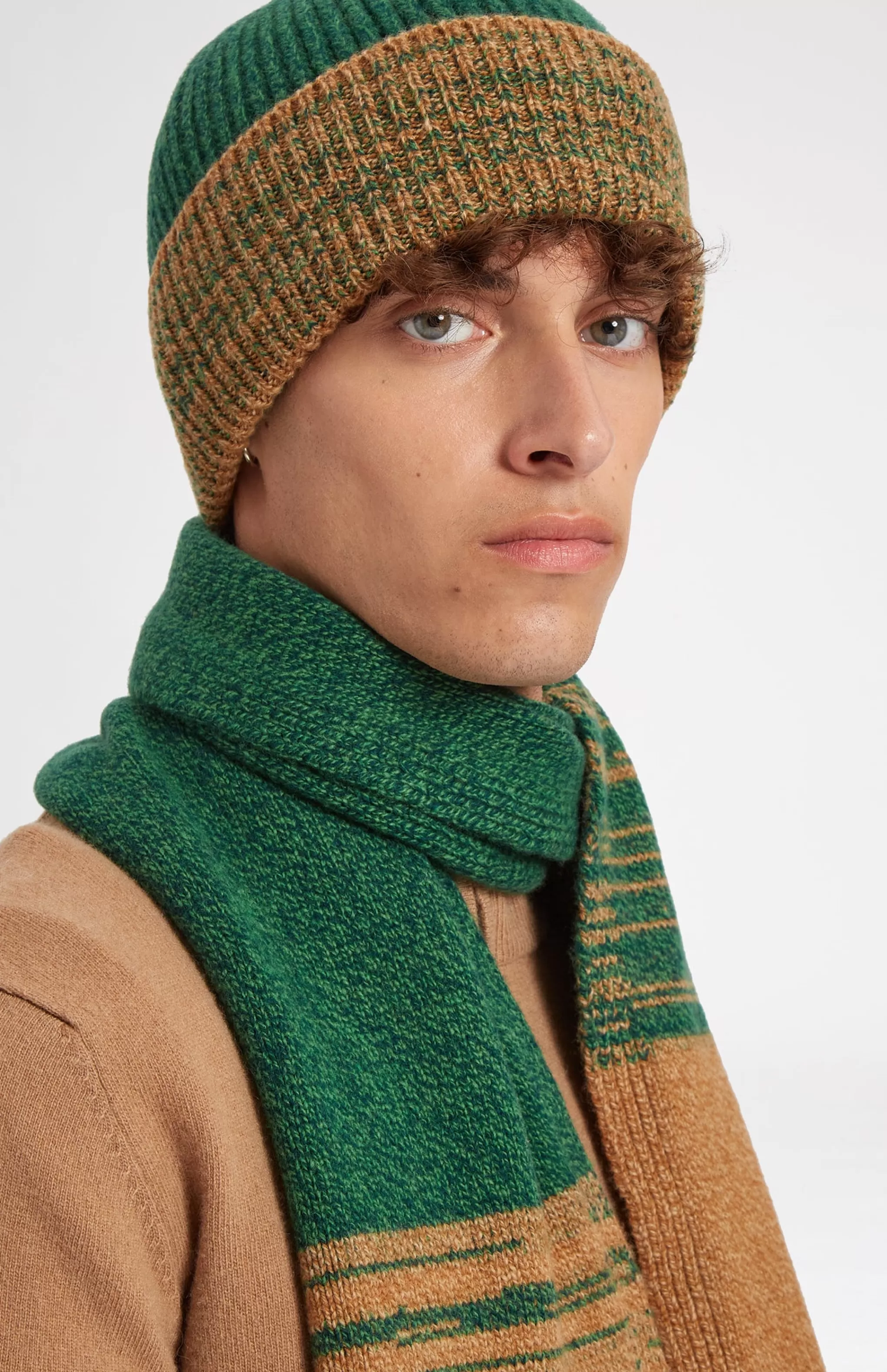 Fashion Men's Lambswool Scarf With A Mouline Degrade Effect In Vicuna and Evergreen Men Lambswool