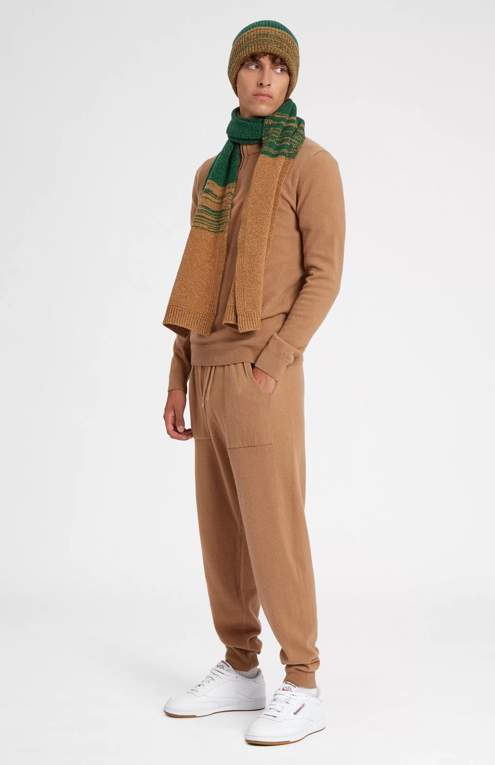 Fashion Men's Lambswool Scarf With A Mouline Degrade Effect In Vicuna and Evergreen Men Lambswool