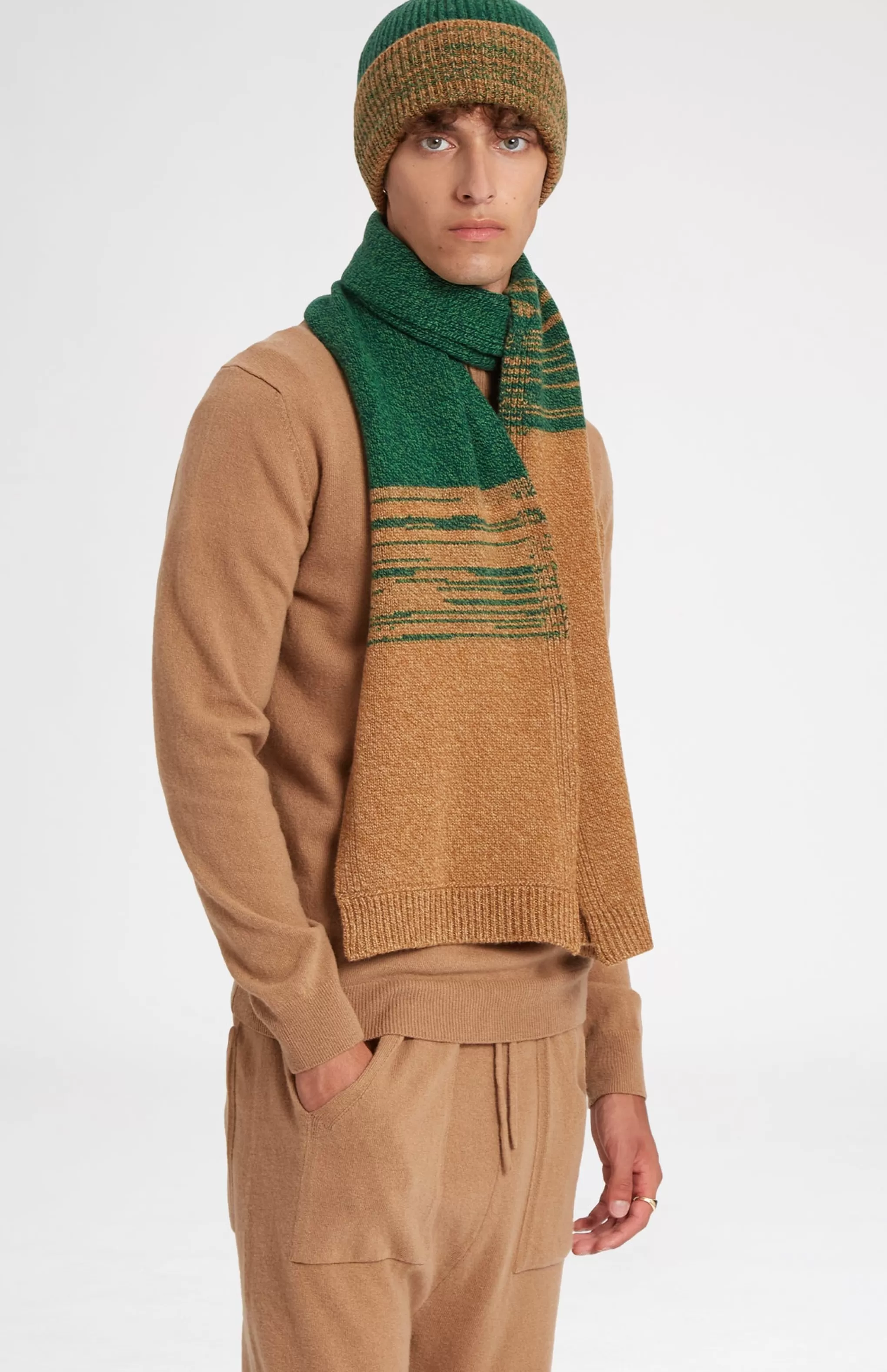 Fashion Men's Lambswool Scarf With A Mouline Degrade Effect In Vicuna and Evergreen Men Lambswool