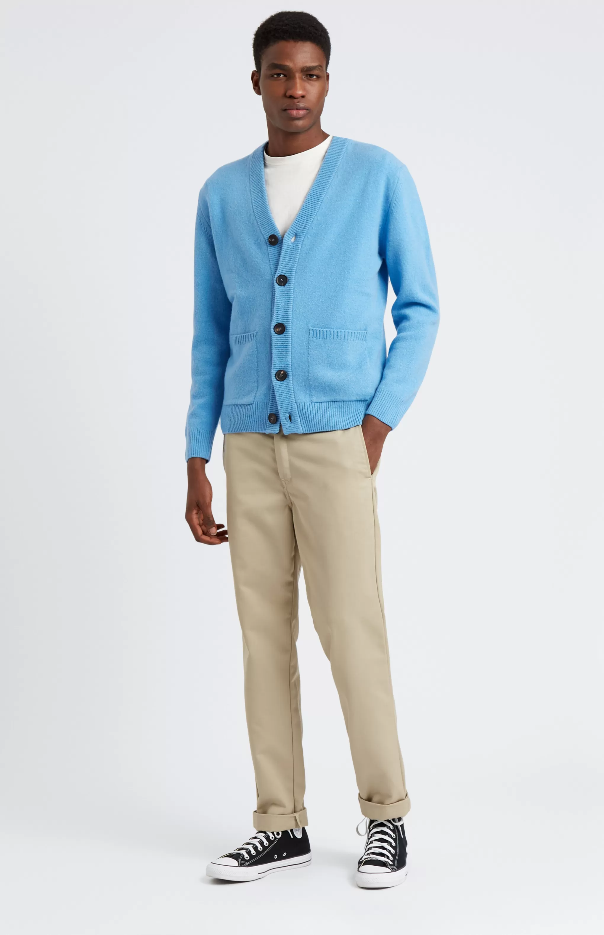 Outlet Men's Lambswool V Neck Cardigan In Azure / Ink Men Medium Weight Knits