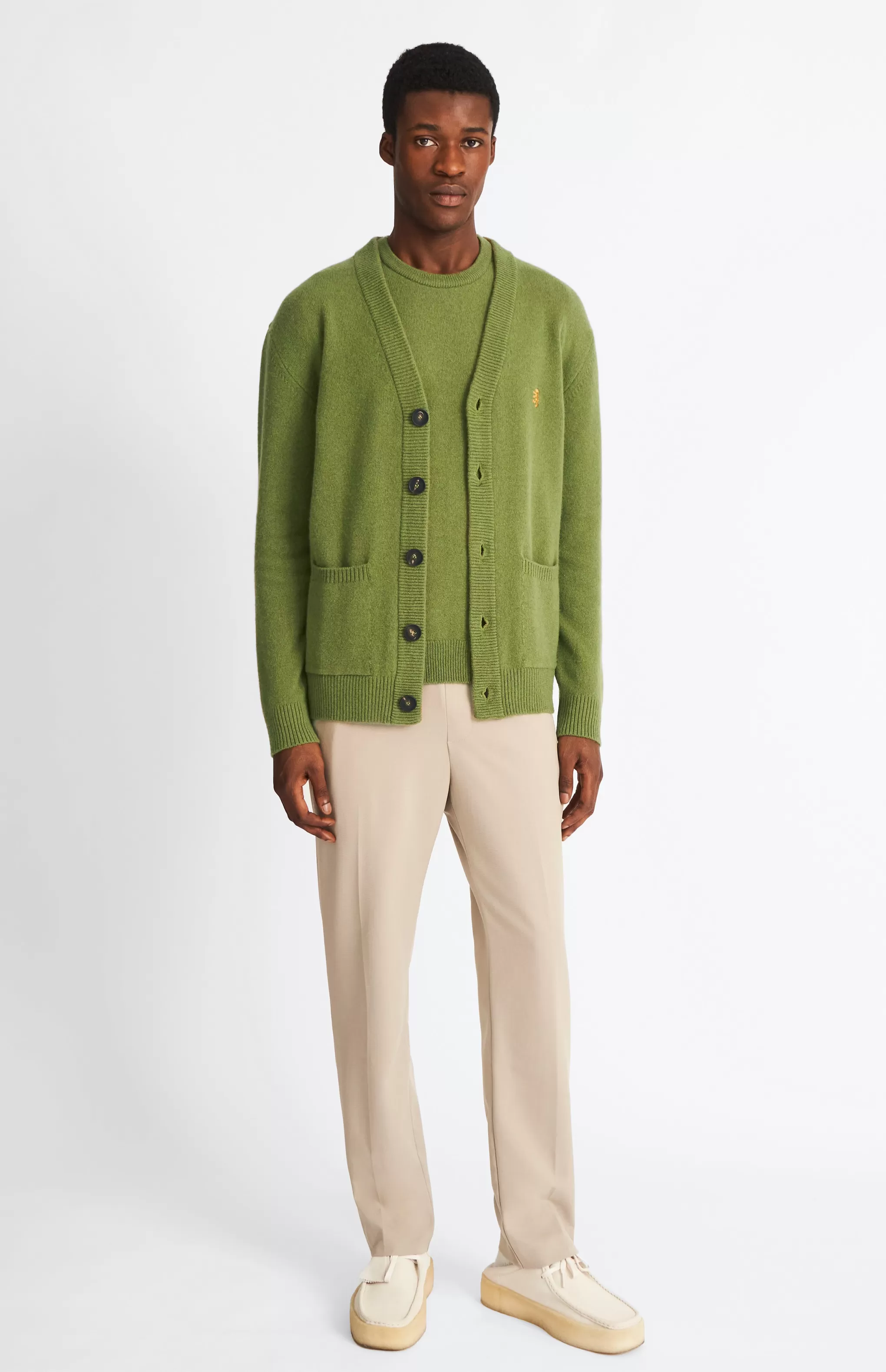 Best Sale Men's Lambswool V Neck Cardigan In Mineral Green / Mustard Sand Men Gifts for Men
