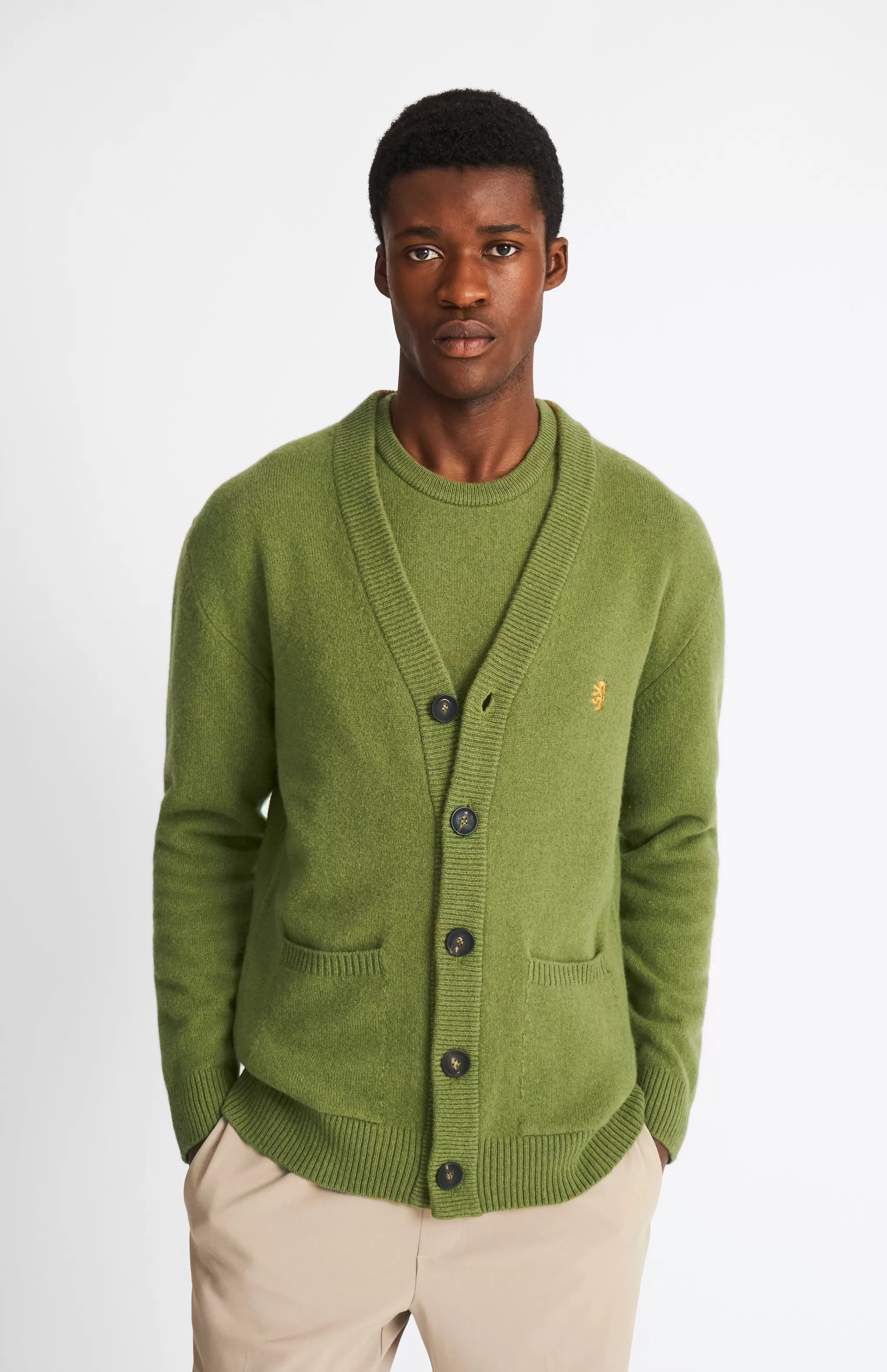 Best Sale Men's Lambswool V Neck Cardigan In Mineral Green / Mustard Sand Men Gifts for Men