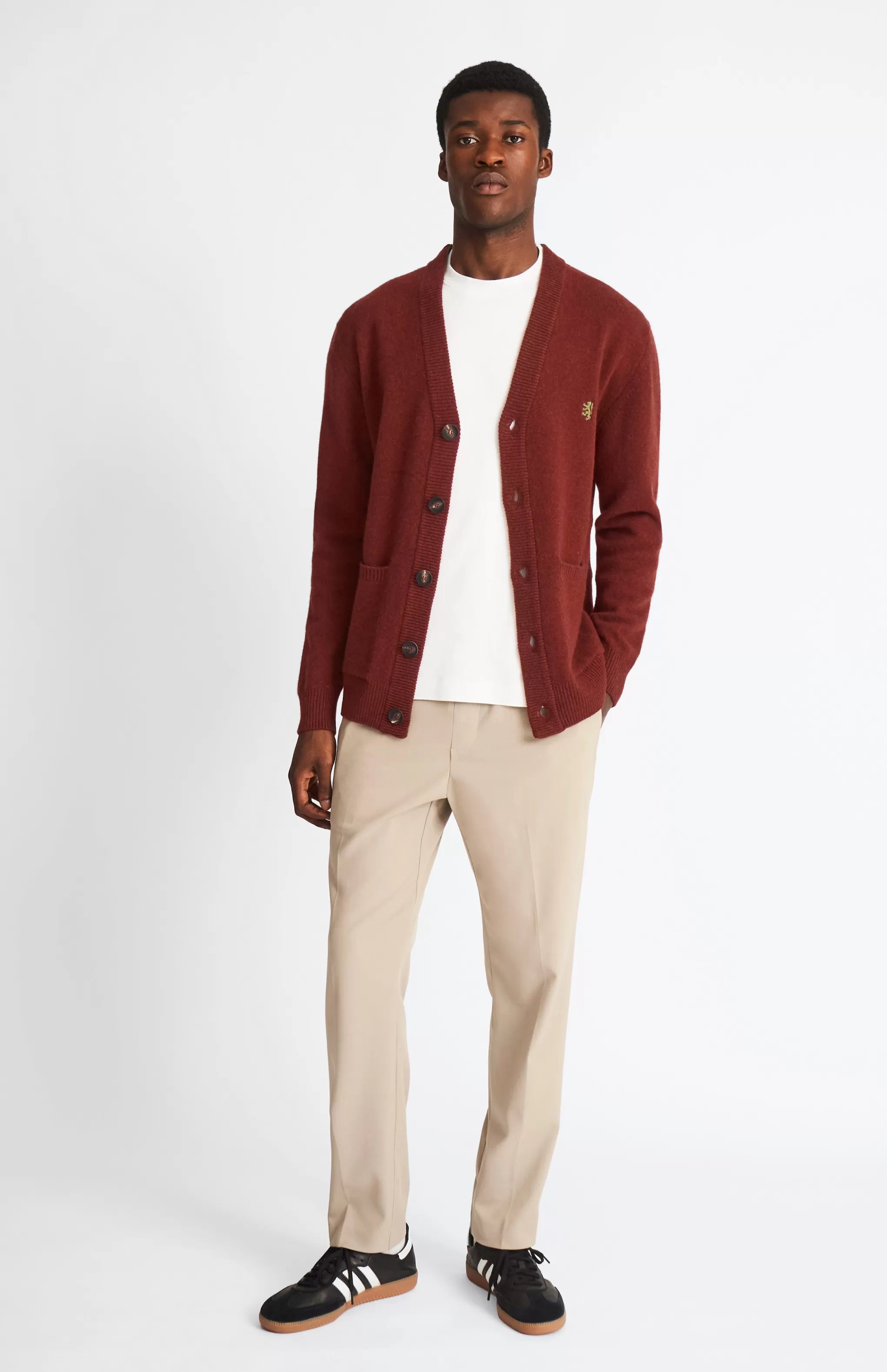 Flash Sale Men's Lambswool V Neck Cardigan In Red Rust / Mineral Green Men Gifts for Men