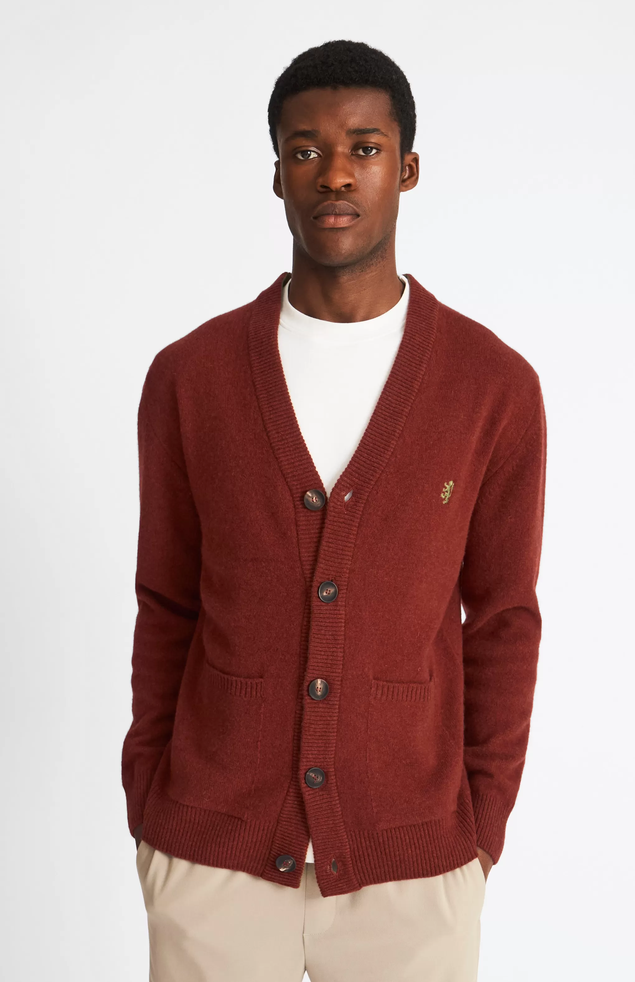 Flash Sale Men's Lambswool V Neck Cardigan In Red Rust / Mineral Green Men Gifts for Men