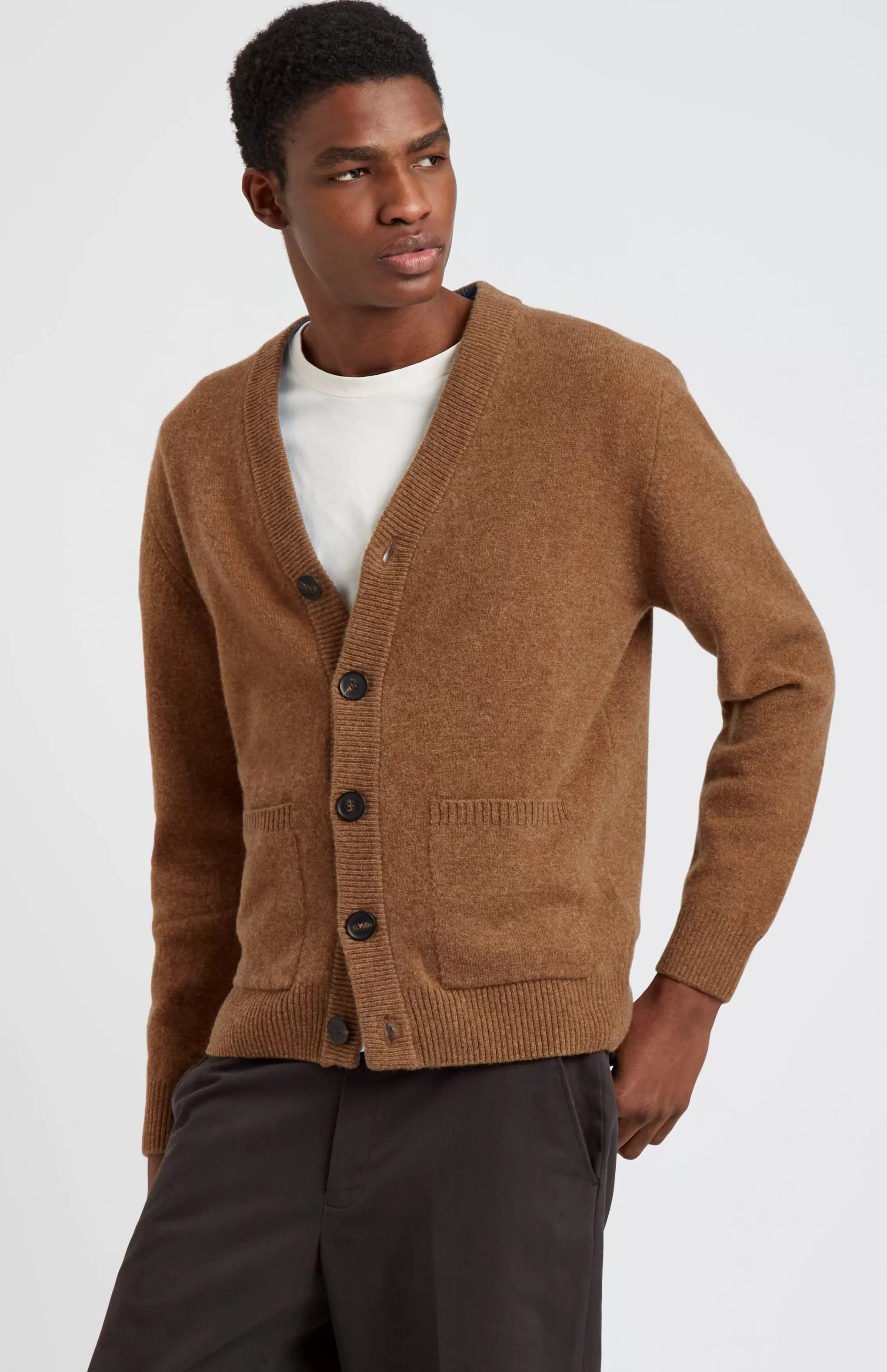 Flash Sale Men's Lambswool V Neck Cardigan In Sandstorm / Azure Men Lambswool