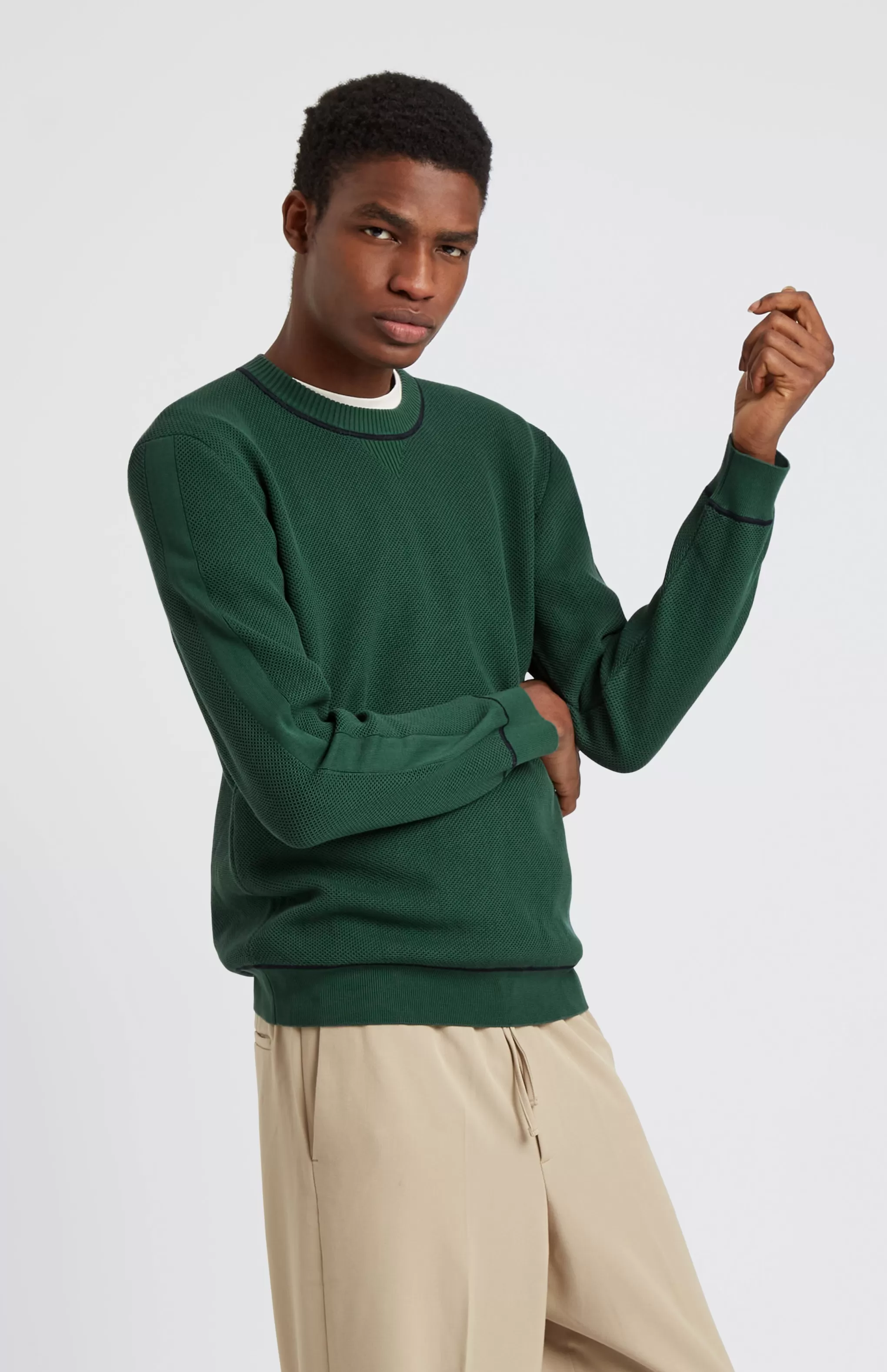 Outlet Men's Round Neck Cotton Sweatshirt Jumper In Forest Green / Navy Men Round Neck Knits