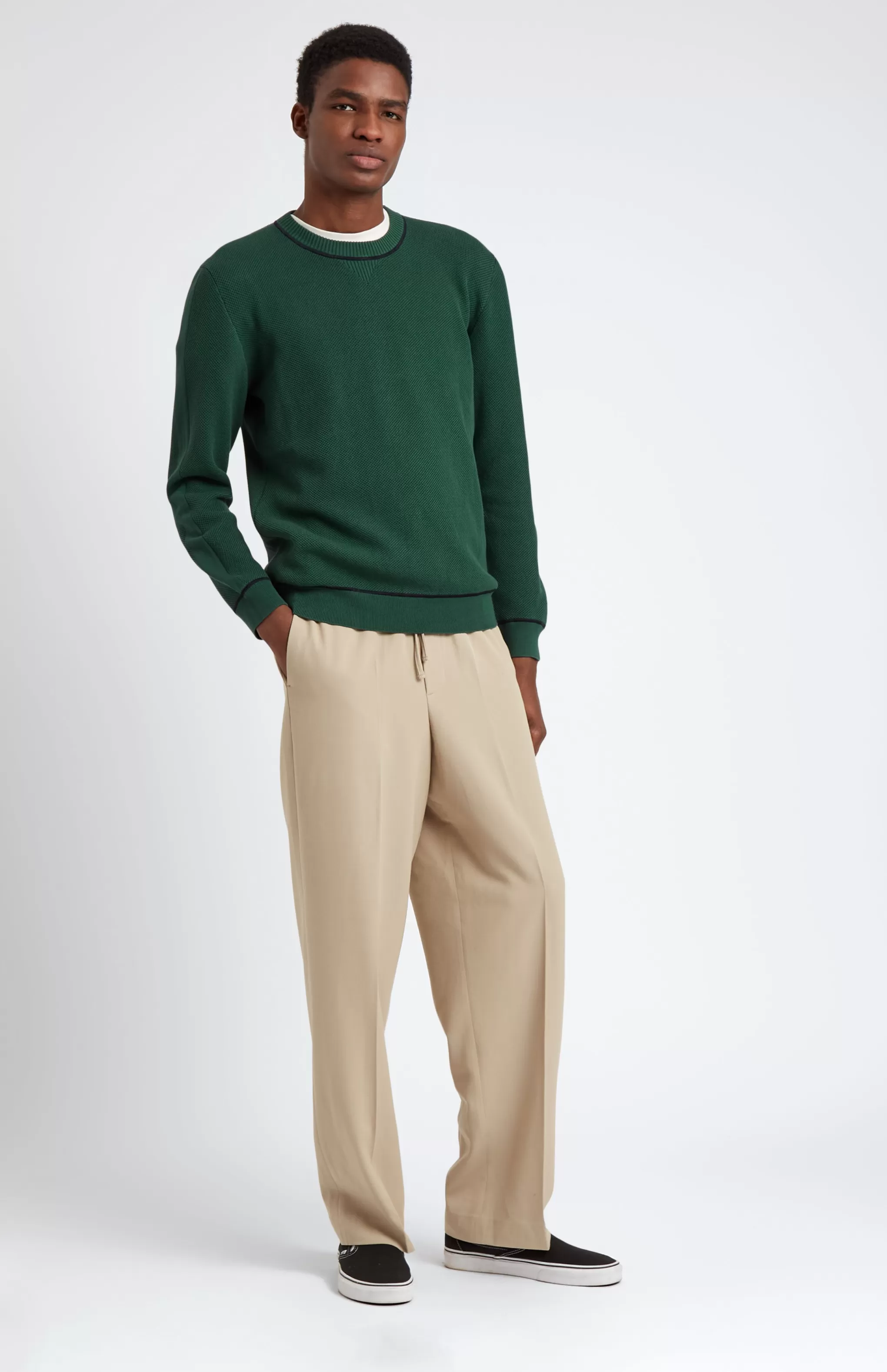 Outlet Men's Round Neck Cotton Sweatshirt Jumper In Forest Green / Navy Men Round Neck Knits