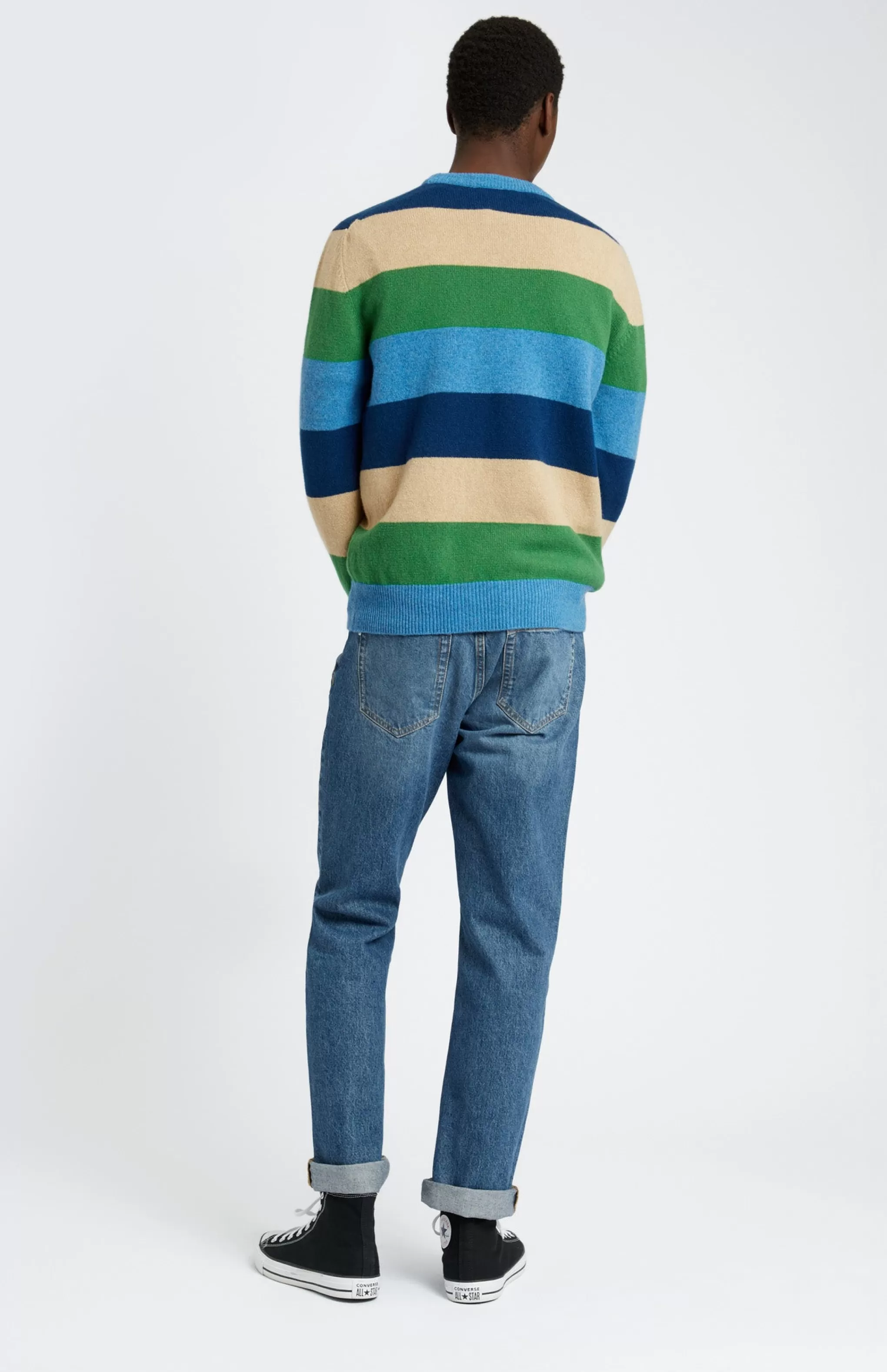 Best Sale Men's Round Neck Lambswool Jumper In Azure Blue / Forest Stripe Men Round Neck Knits