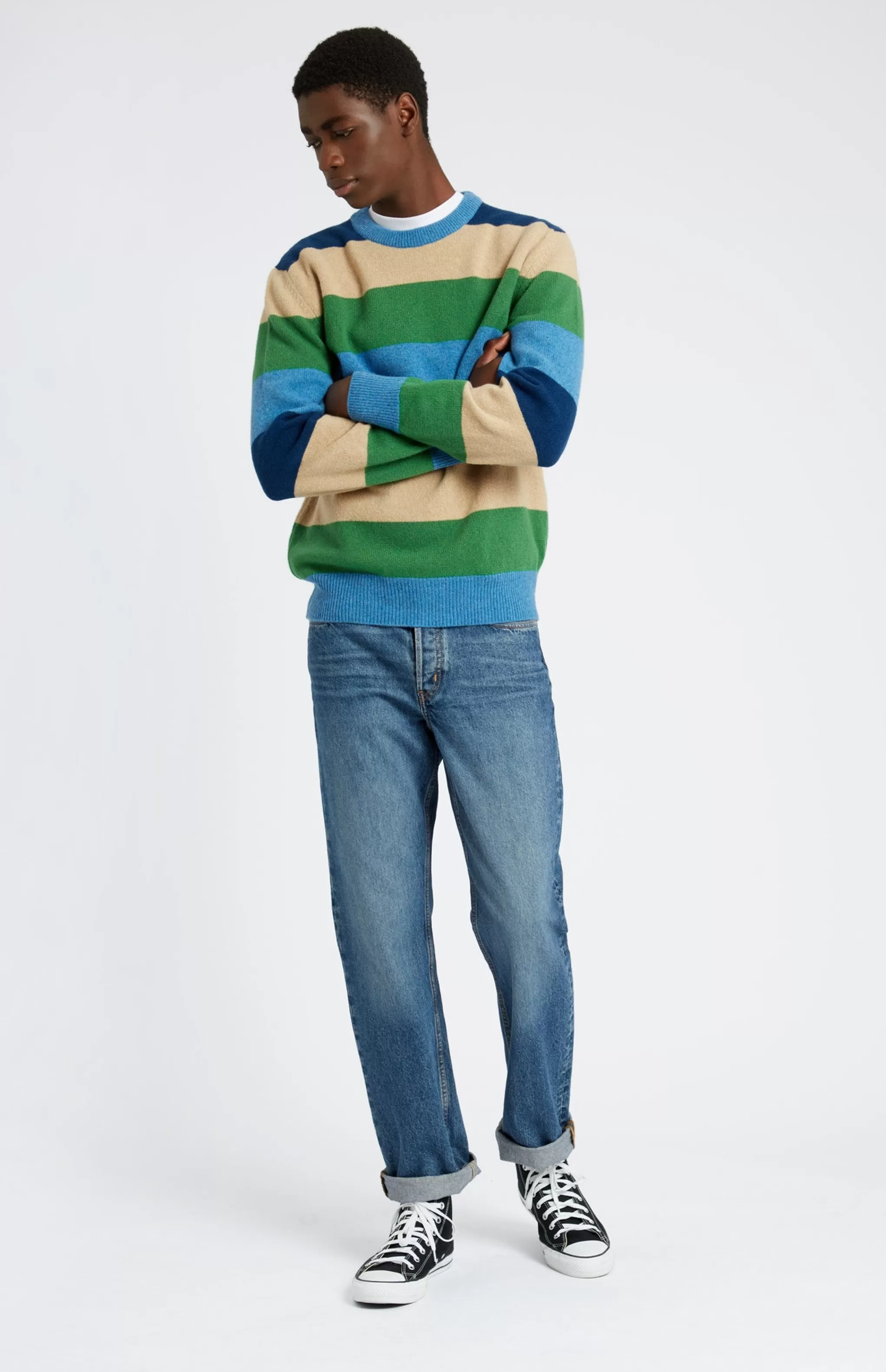 Discount Men's Round Neck Lambswool Jumper In Azure Blue / Forest Stripe Men Medium Weight Knits