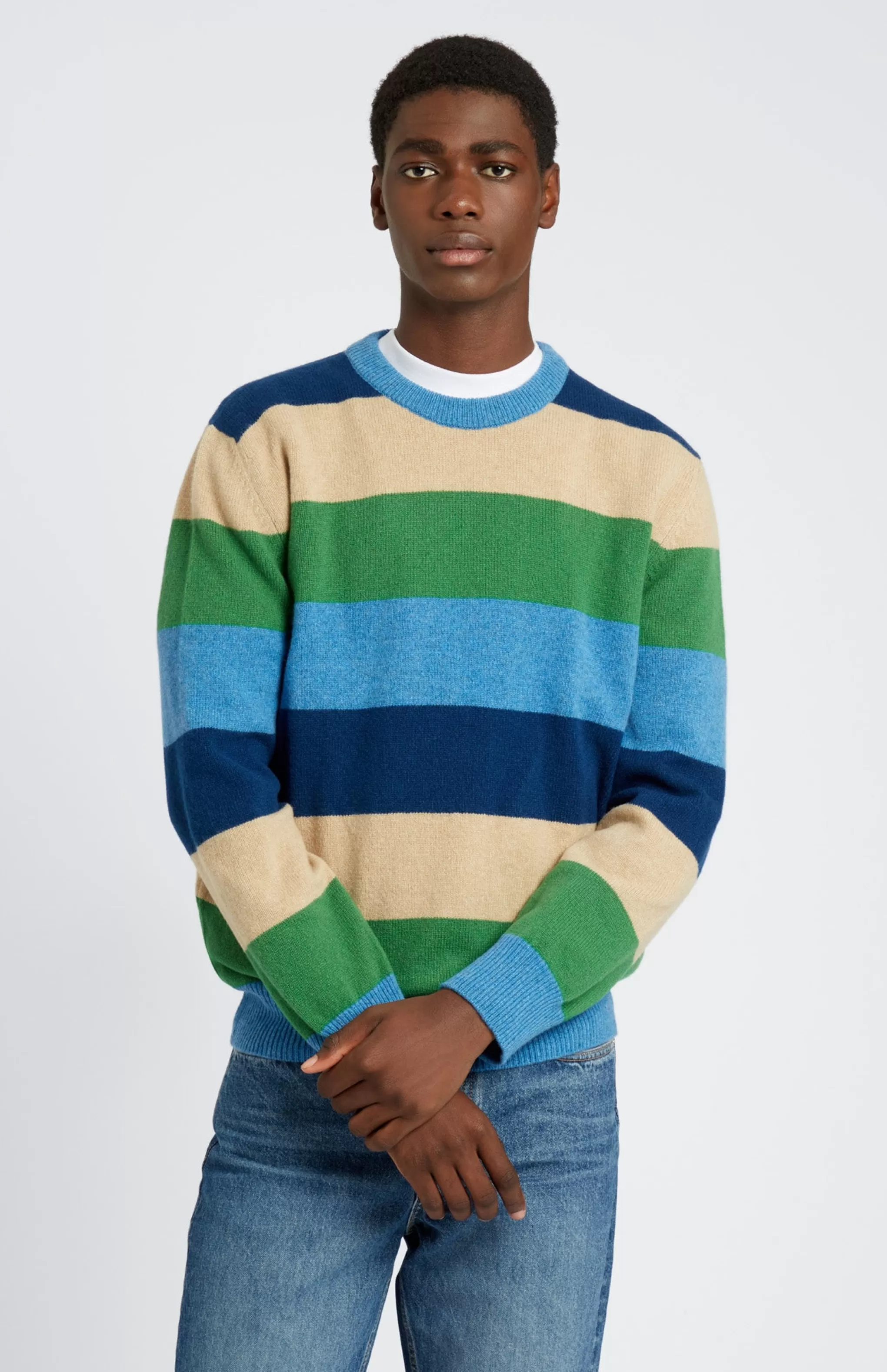 Discount Men's Round Neck Lambswool Jumper In Azure Blue / Forest Stripe Men Medium Weight Knits