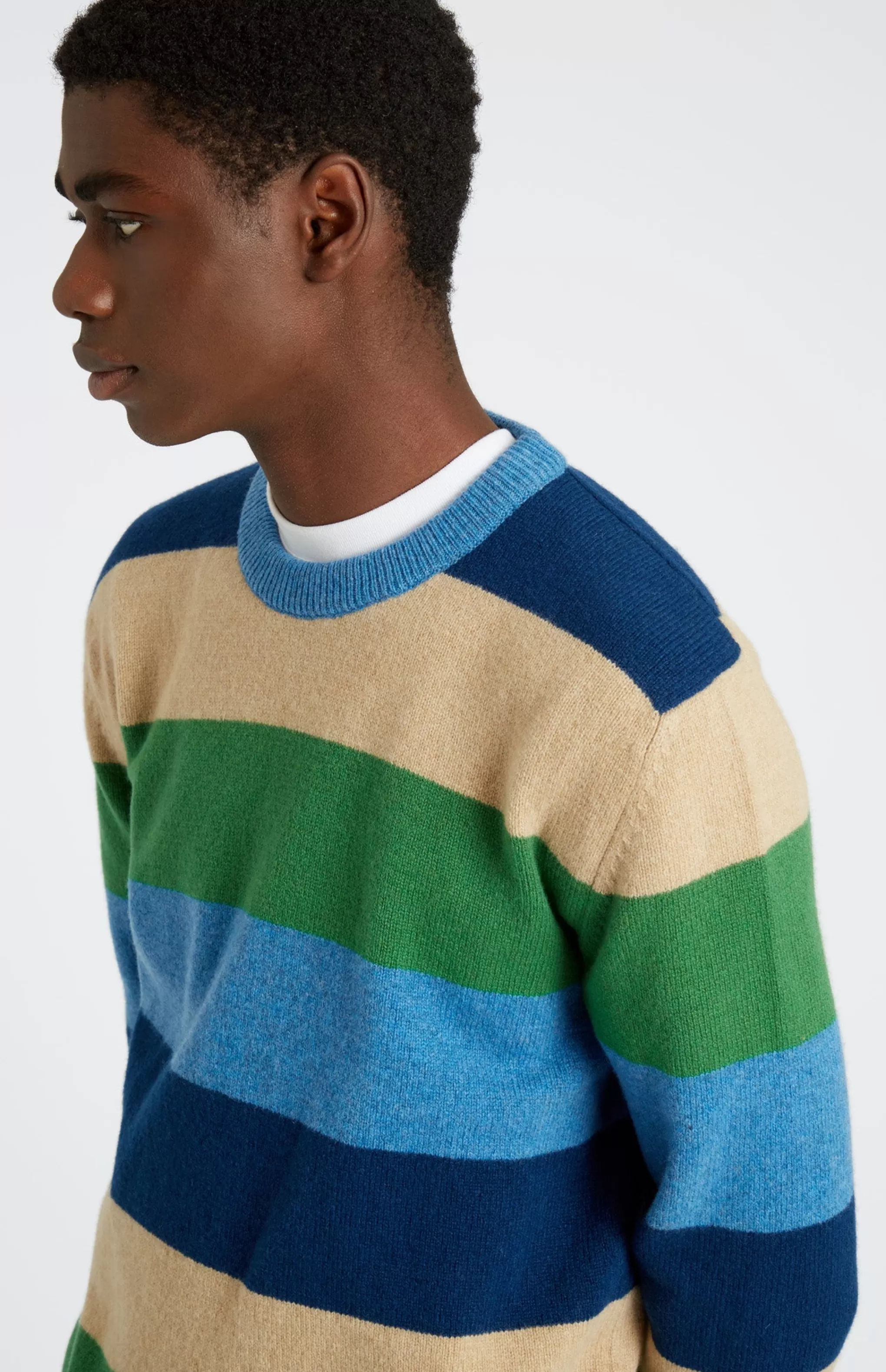 Hot Men's Round Neck Lambswool Jumper In Azure Blue / Forest Stripe Men Made in Scotland