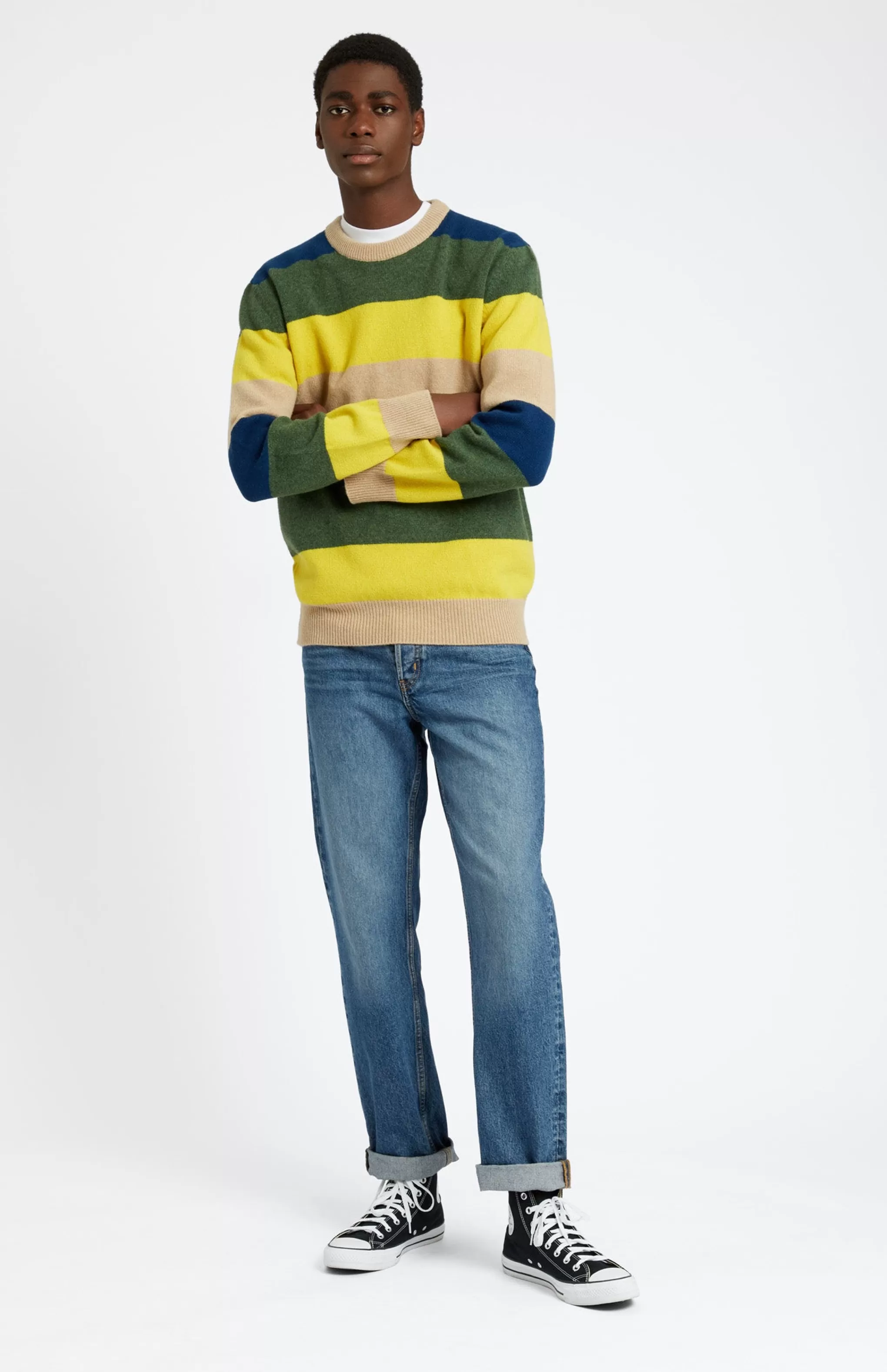 Discount Men's Round Neck Lambswool Jumper In Yellow / Sand Stripe Men Medium Weight Knits