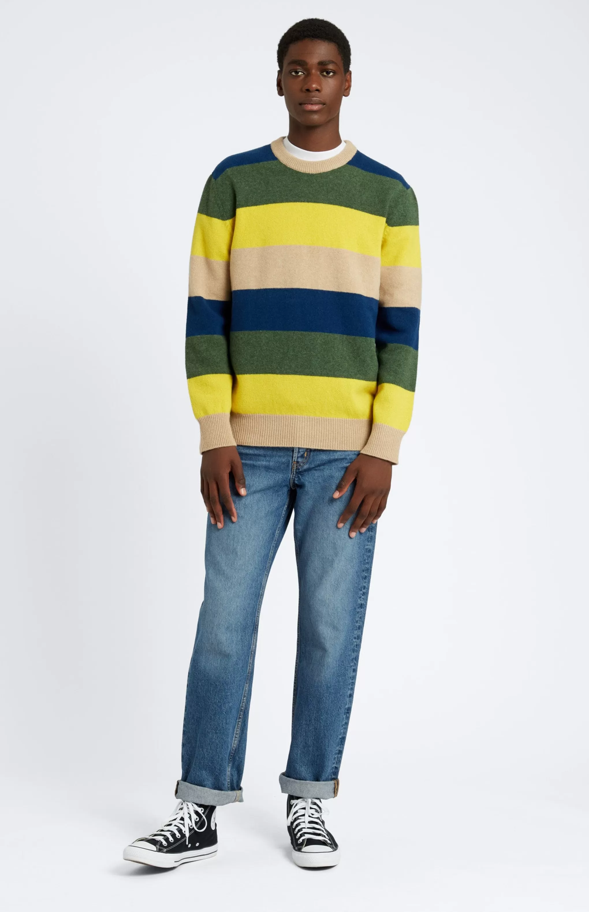 Online Men's Round Neck Lambswool Jumper In Yellow / Sand Stripe Men Made in Scotland