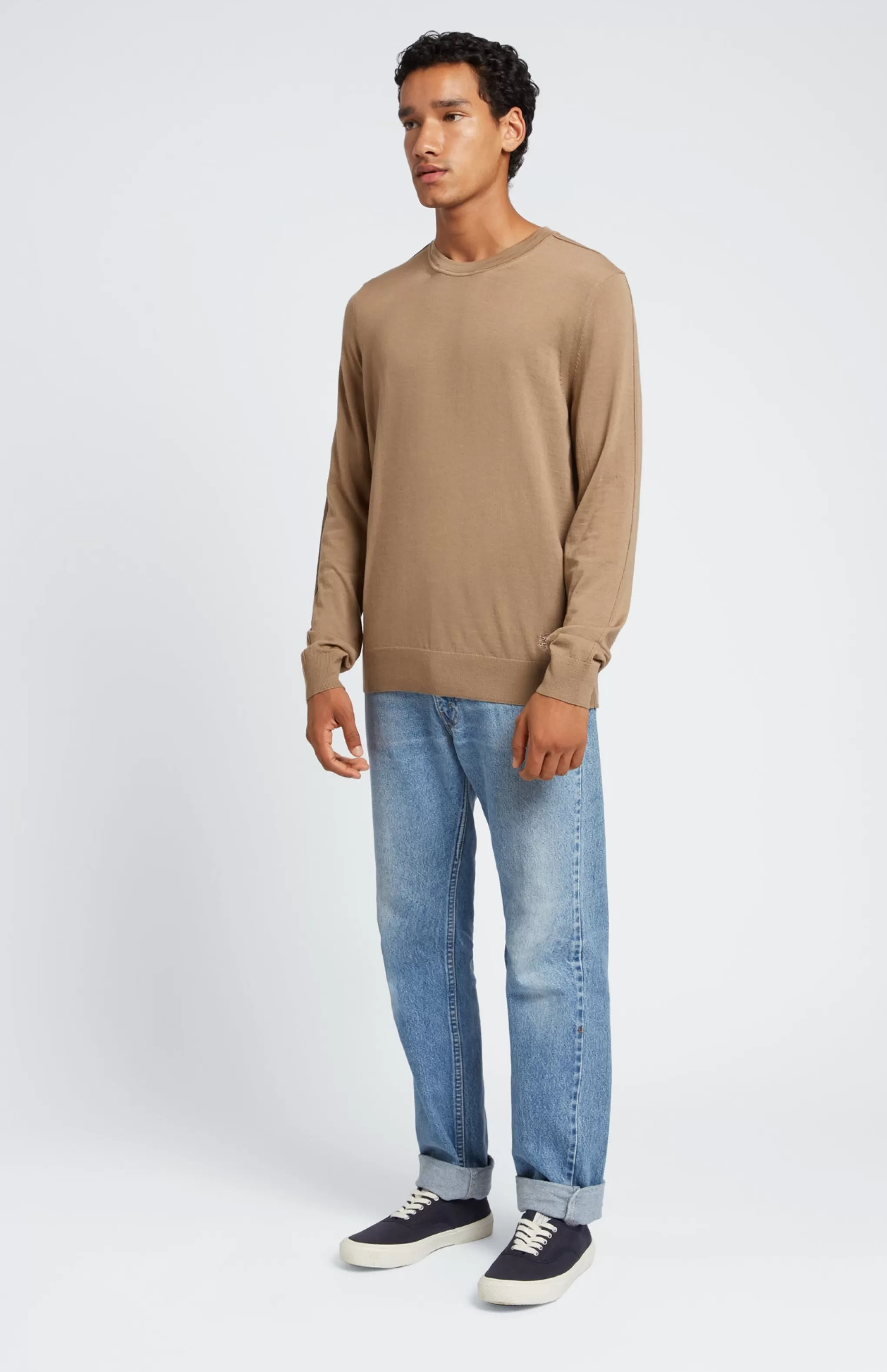 Cheap Men's Round Neck Merino Jumper In Tan Men Merino