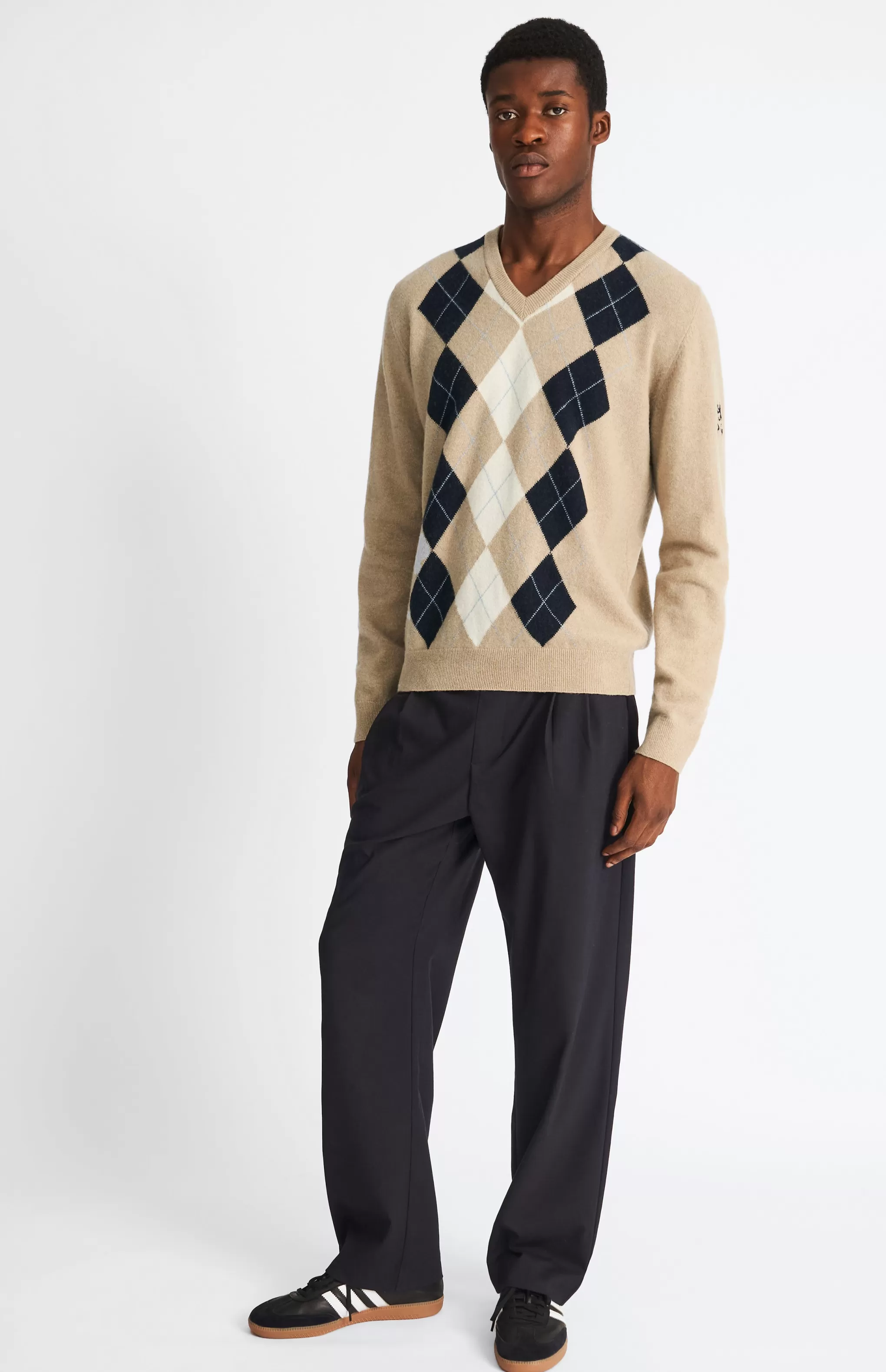 Online Men's V Neck Centre Argyle Lambswool Jumper In Camel / Navy Men Pringle Heritage Unisex Collections