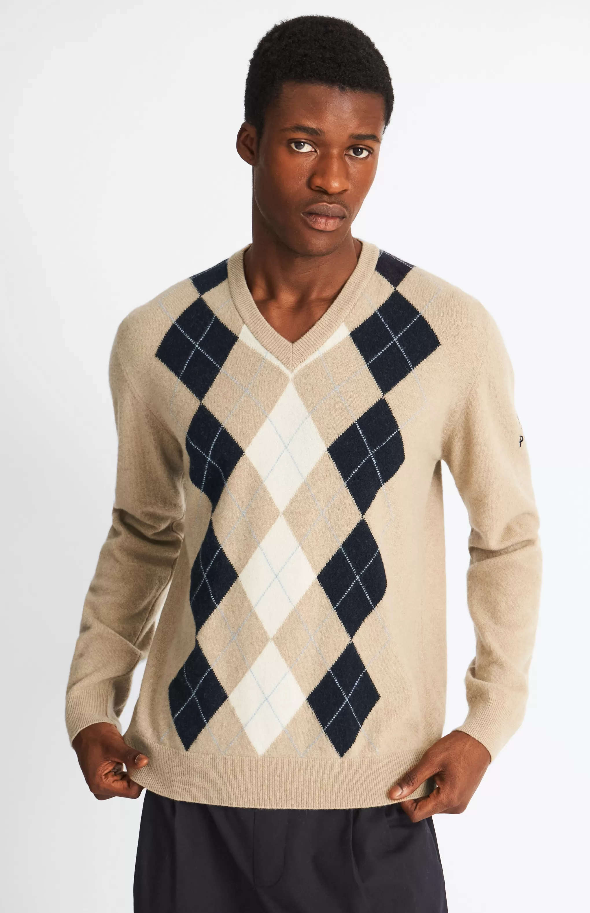 Online Men's V Neck Centre Argyle Lambswool Jumper In Camel / Navy Men Pringle Heritage Unisex Collections