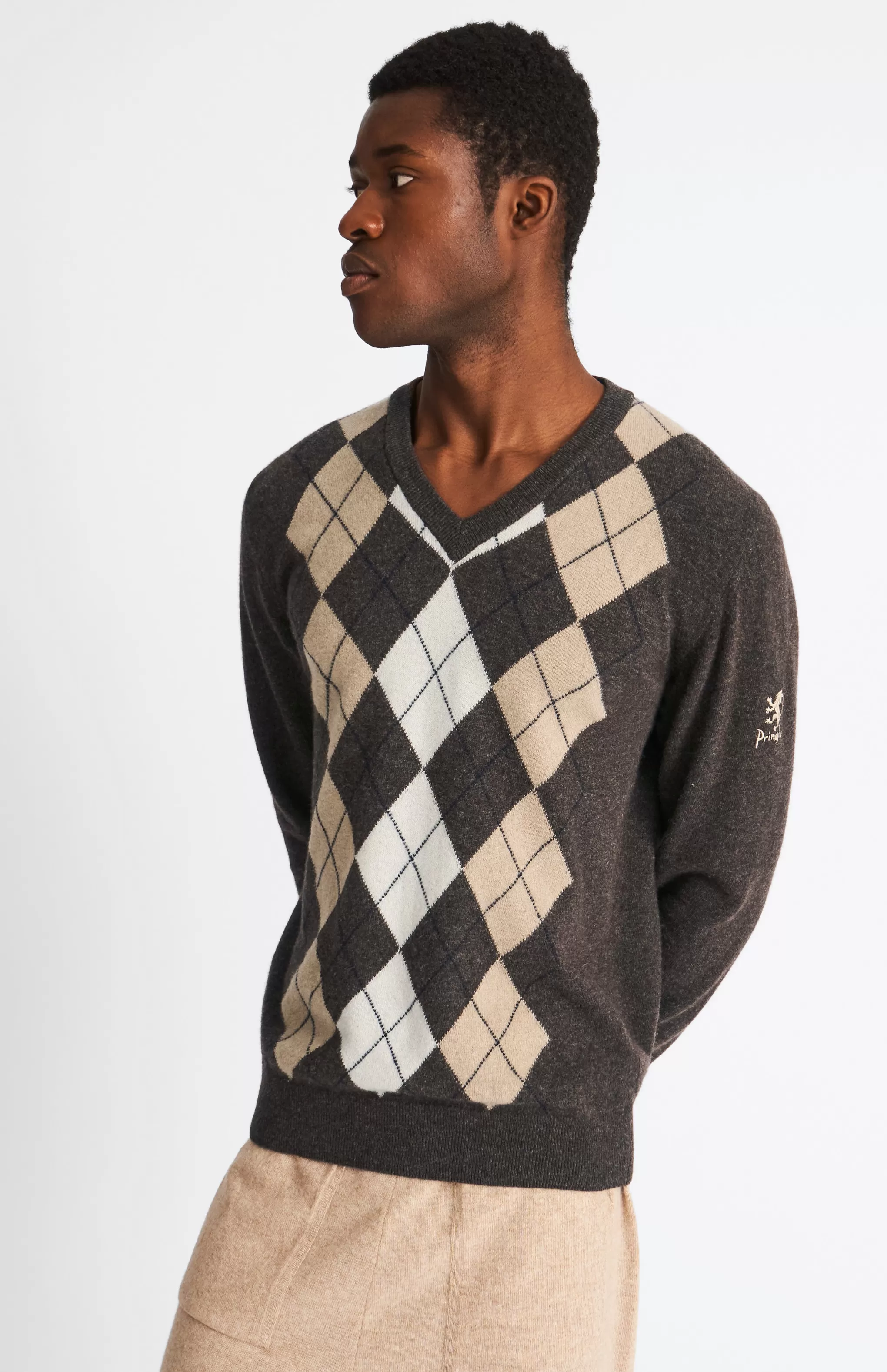 Flash Sale Men's V Neck Centre Argyle Lambswool Jumper In Dark Brown / Camel Men Jumpers
