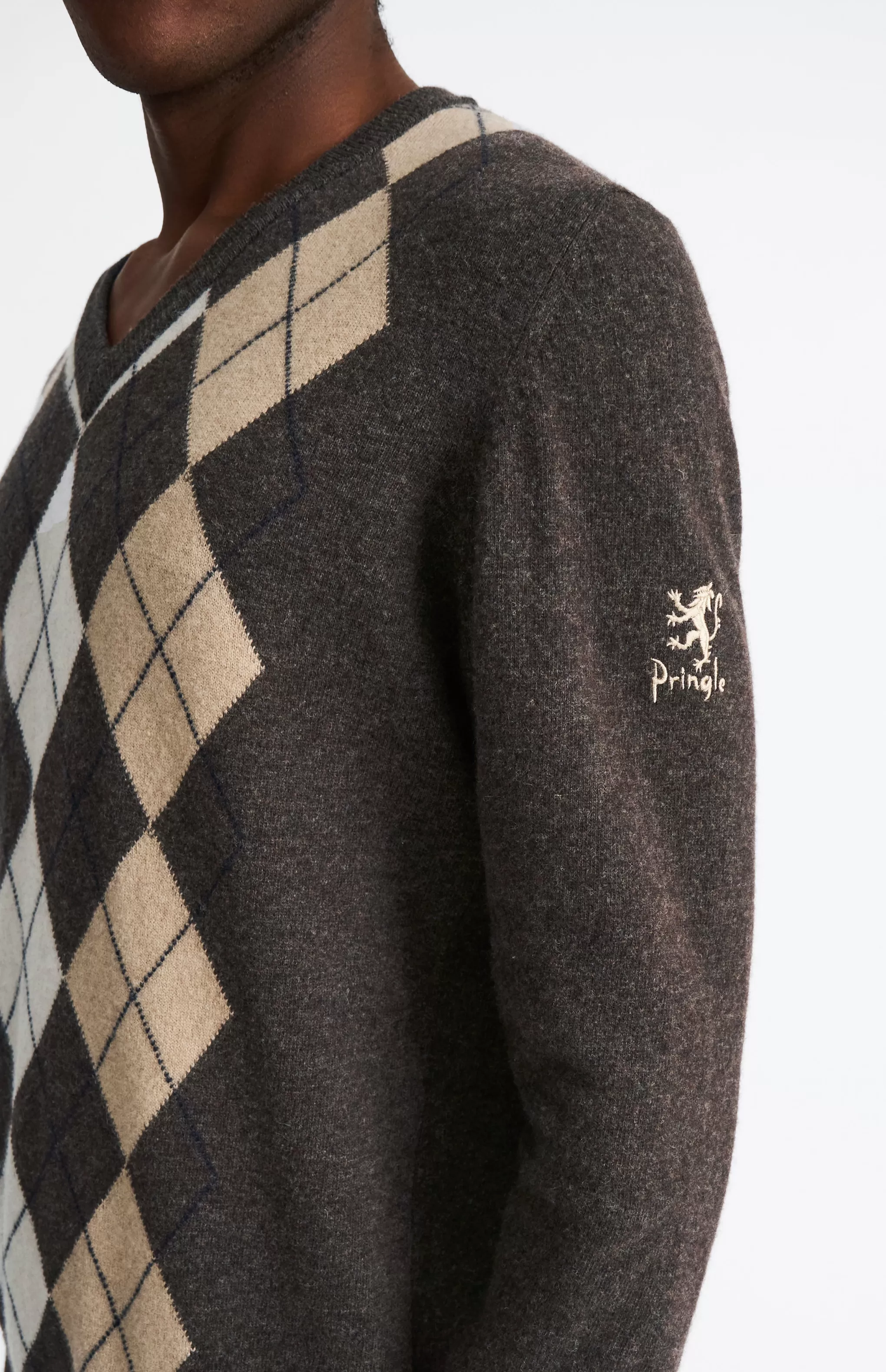 Flash Sale Men's V Neck Centre Argyle Lambswool Jumper In Dark Brown / Camel Men Jumpers