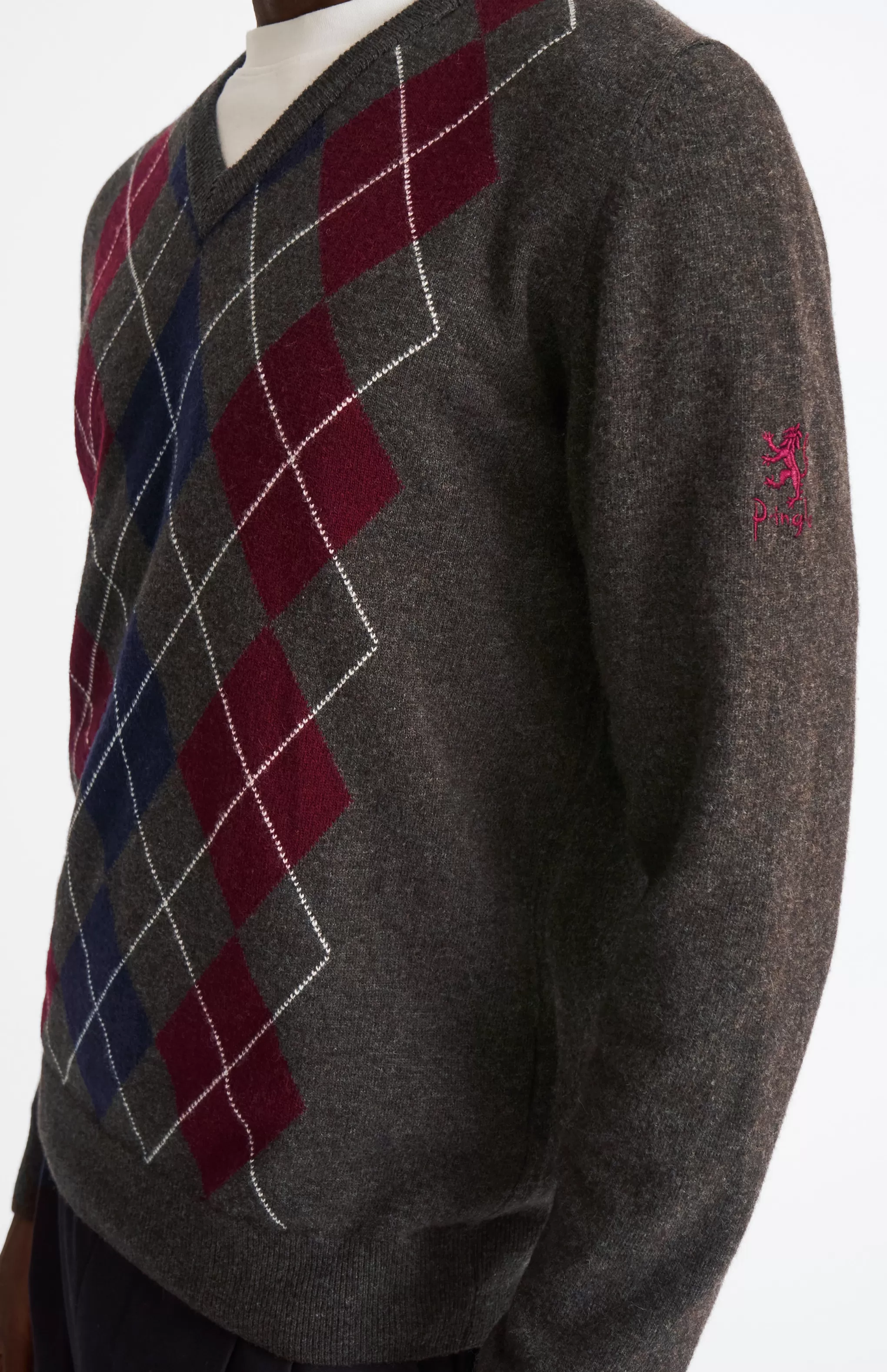 Cheap Men's V Neck Centre Argyle Lambswool Jumper In Dark Brown / Claret Men Medium Weight Knits