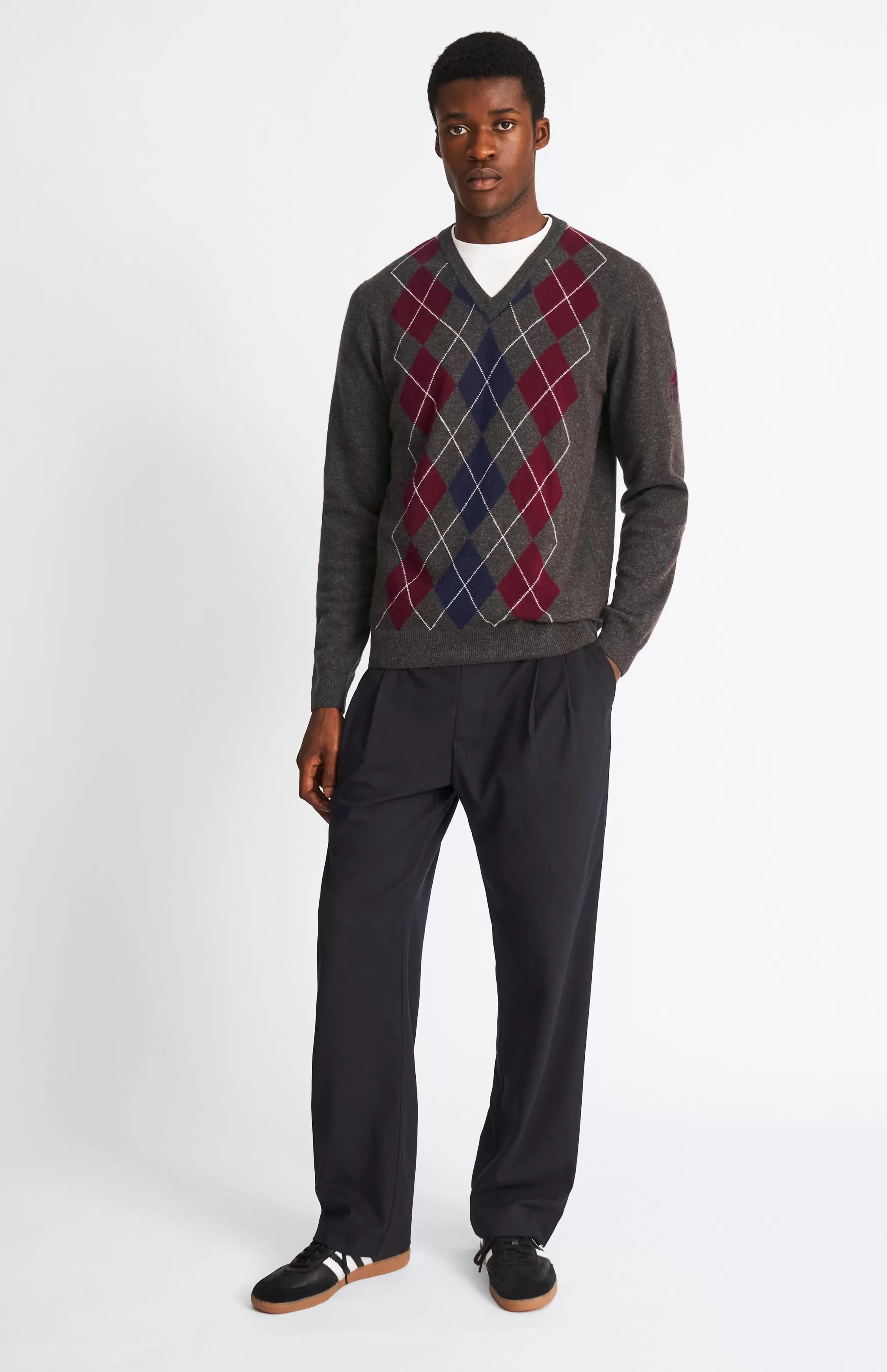 Online Men's V Neck Centre Argyle Lambswool Jumper In Dark Brown / Claret Men Gifts for Men