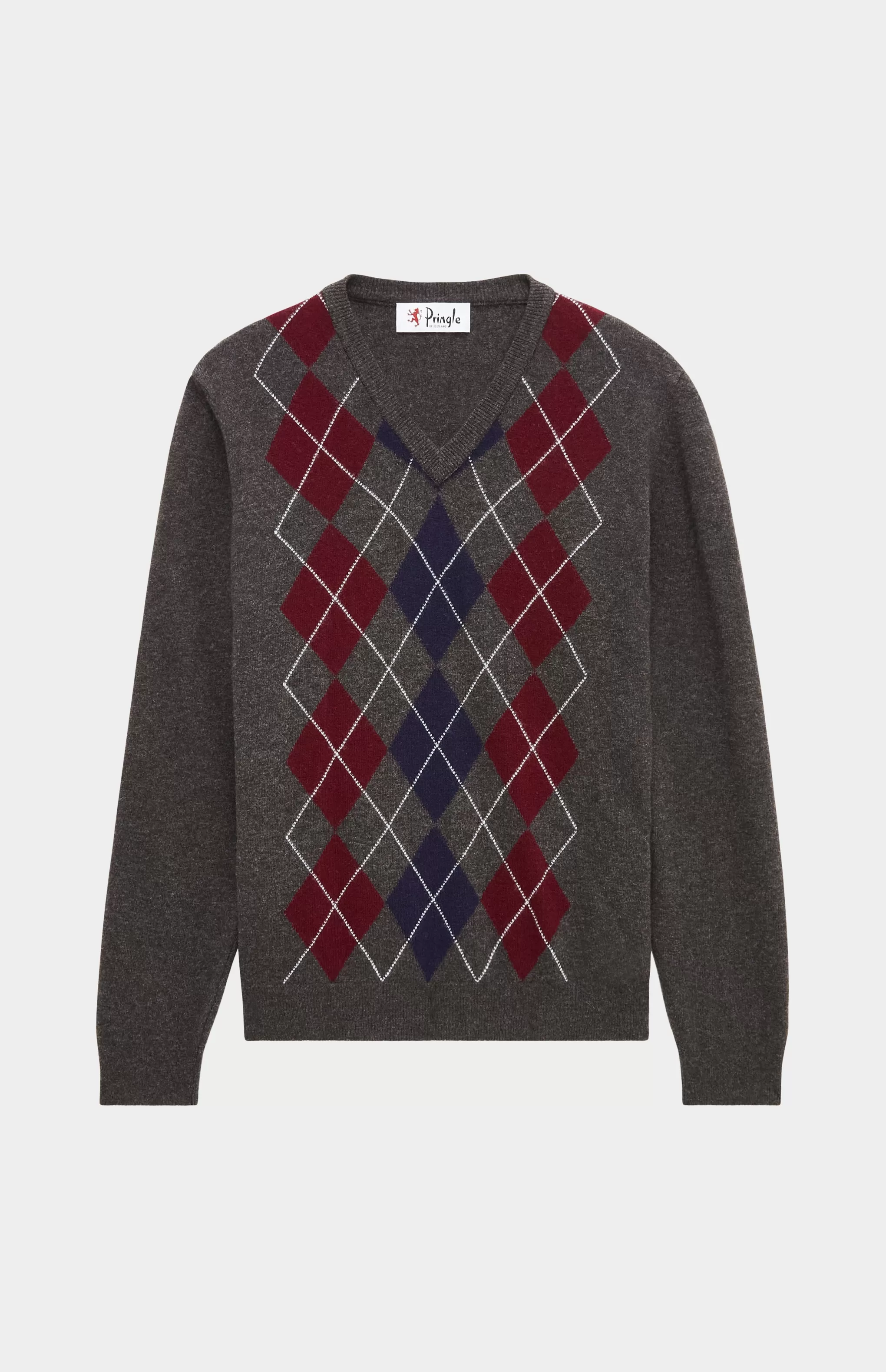 Online Men's V Neck Centre Argyle Lambswool Jumper In Dark Brown / Claret Men Gifts for Men