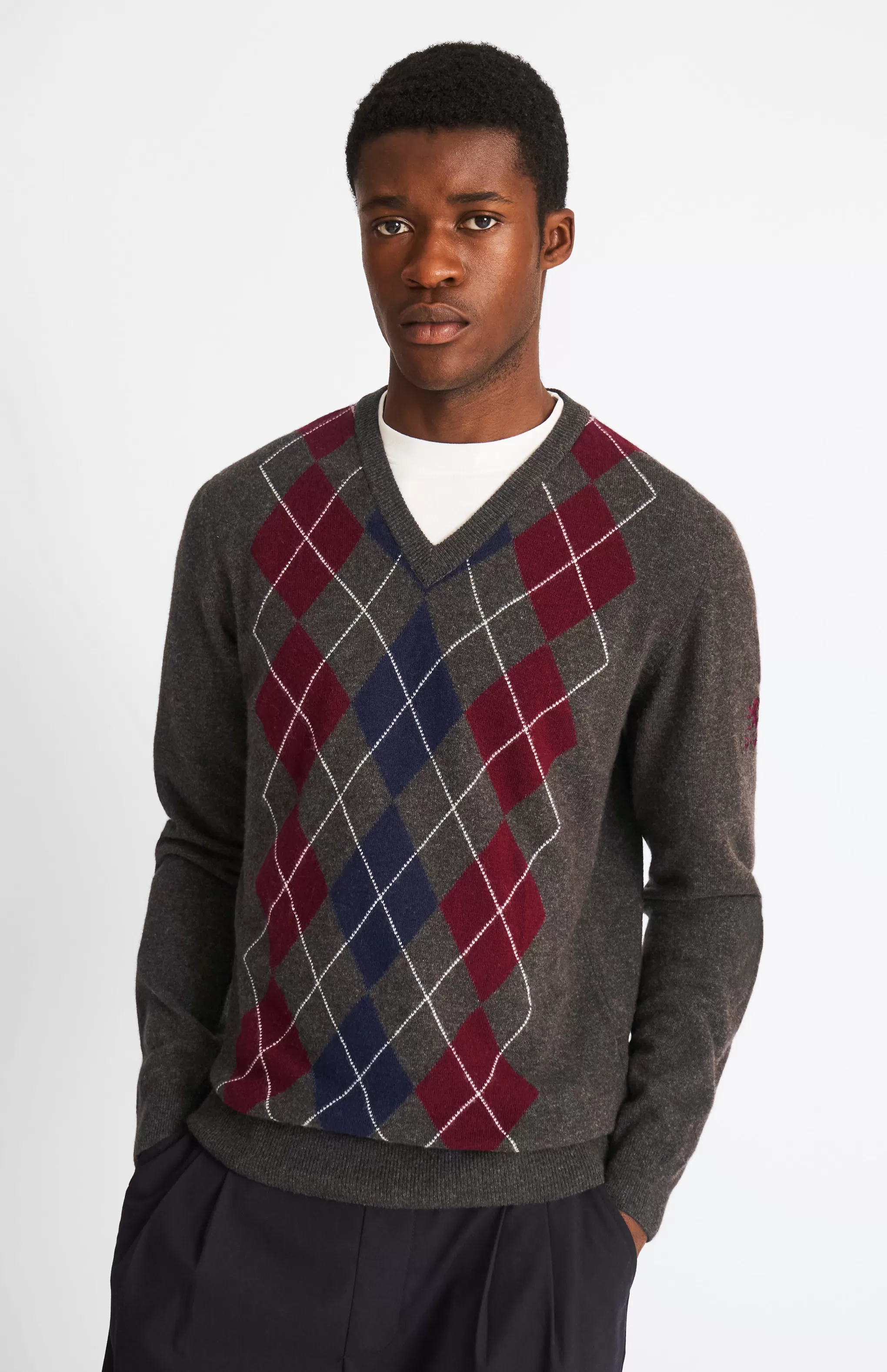 Online Men's V Neck Centre Argyle Lambswool Jumper In Dark Brown / Claret Men Gifts for Men