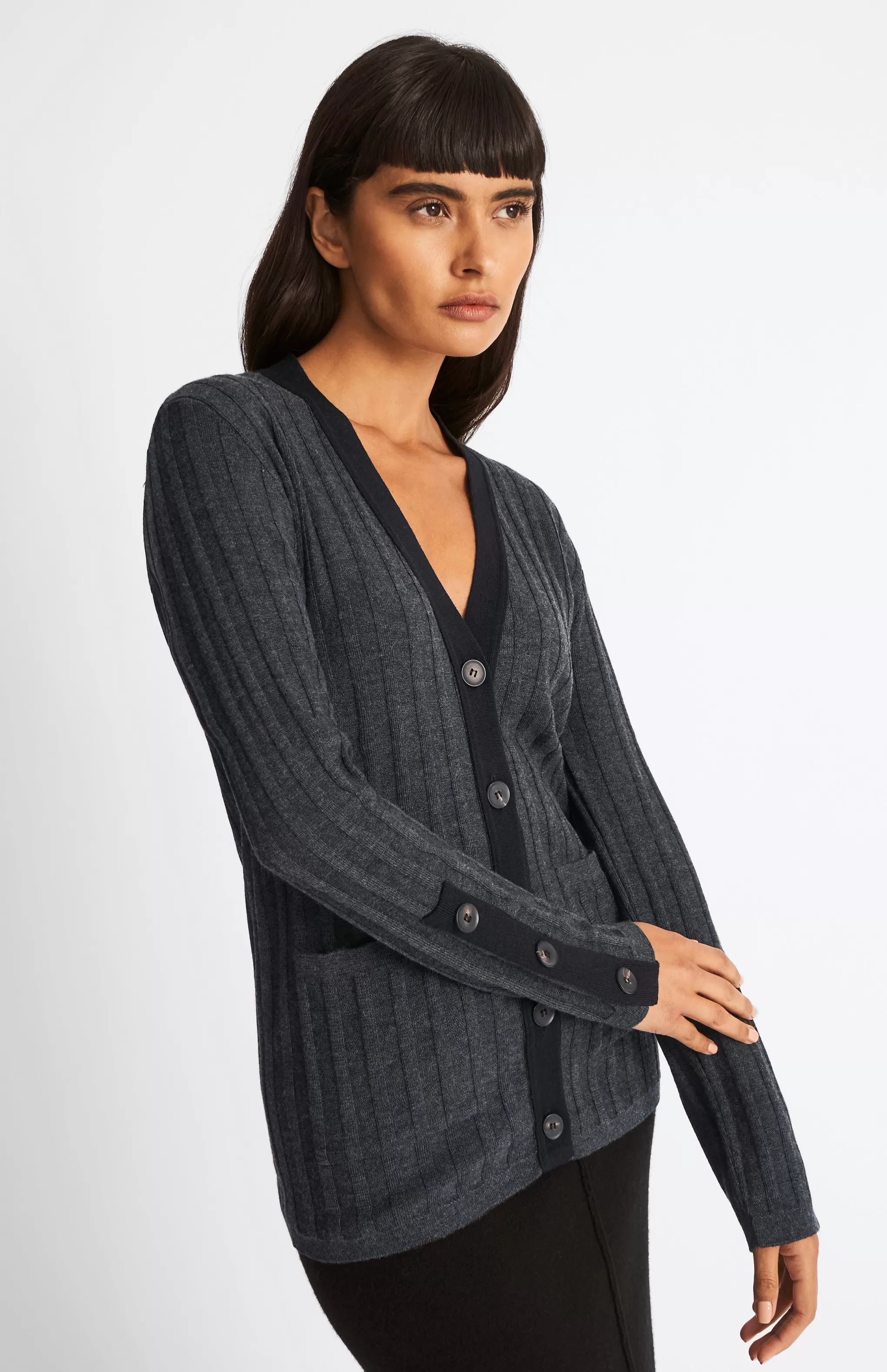 Cheap Merino Silk Ribbed Cardigan In Charcoal / Black Men/Women Merino