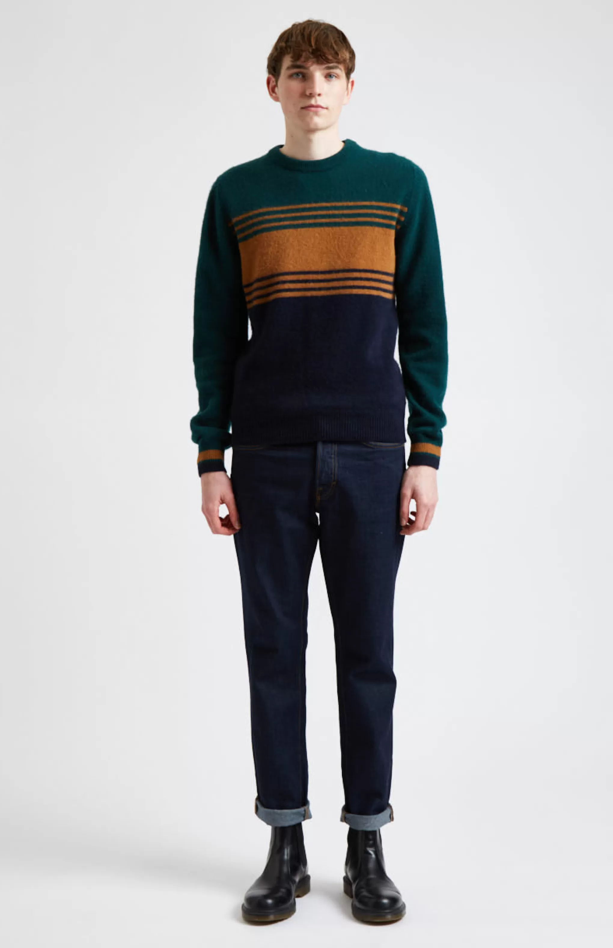 Clearance Multicolour Stripe Round Neck Brushed Lambswool Jumper Men Round Neck Knits