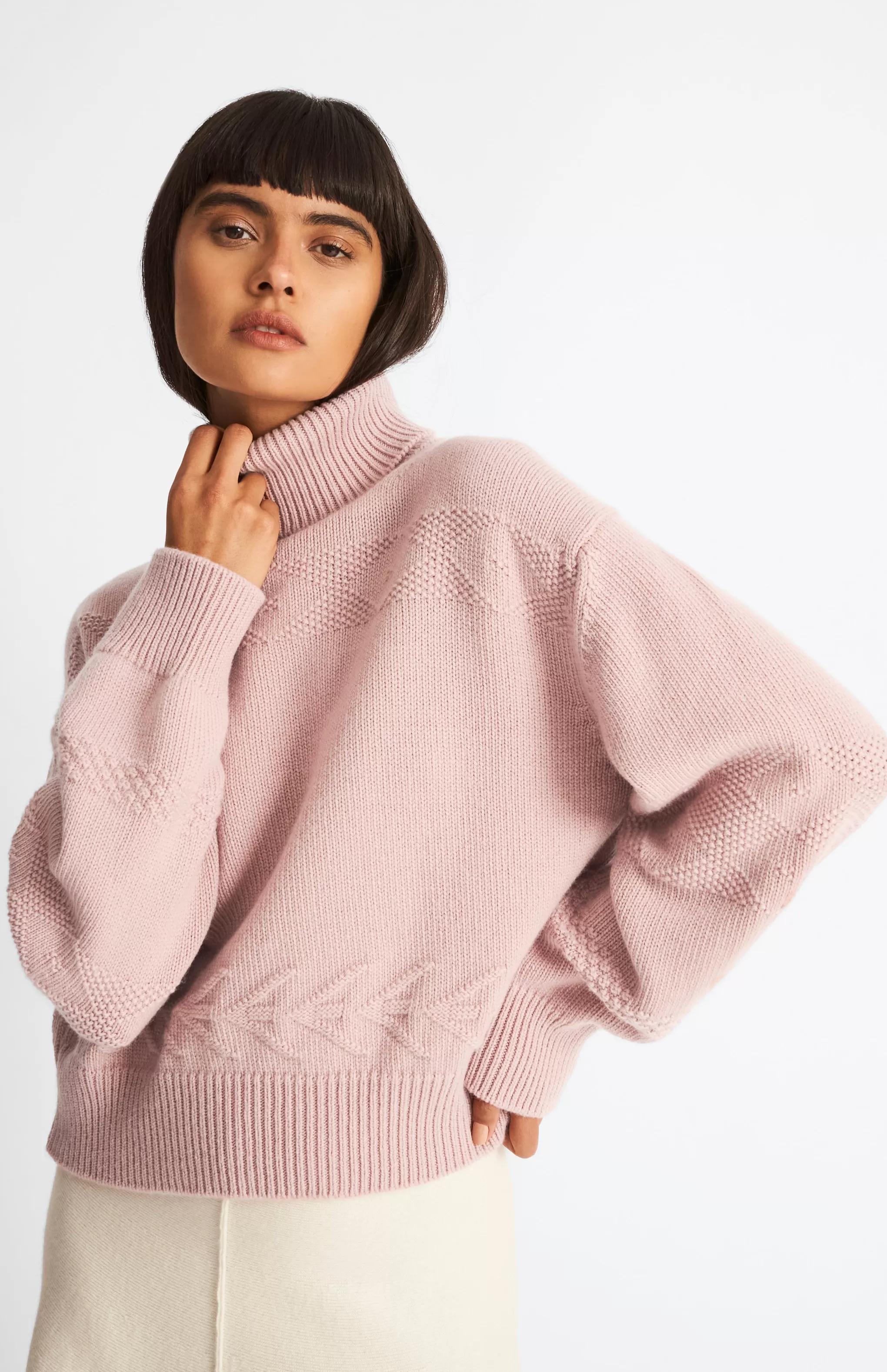 Store Roll Neck Guernsey Cashmere Jumper In Dusty Pink Men/Women High Neck Knits