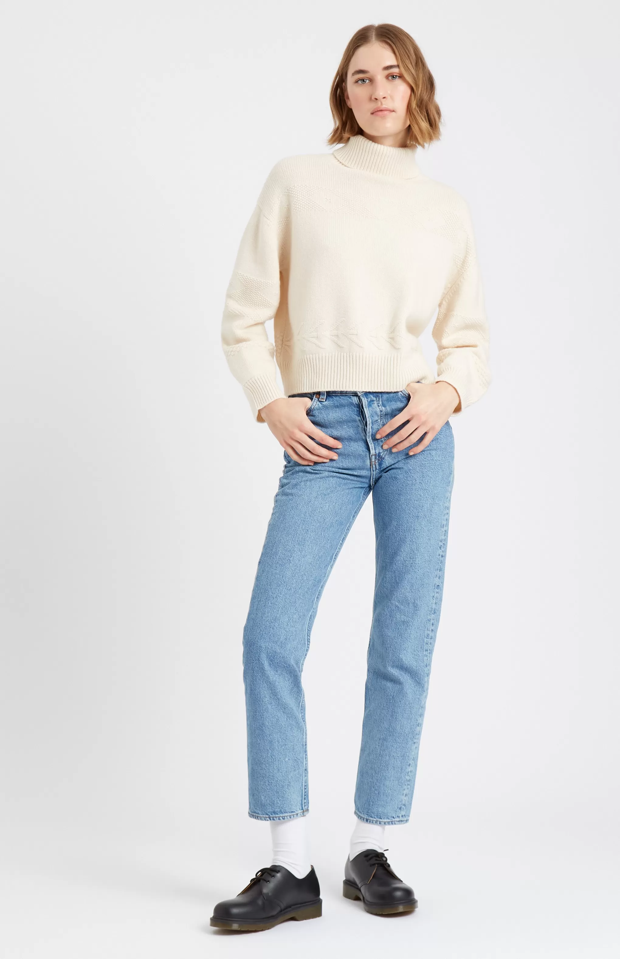 Cheap Roll Neck Guernsey Cashmere Jumper In Vanilla Cream Men/Women Made in Scotland