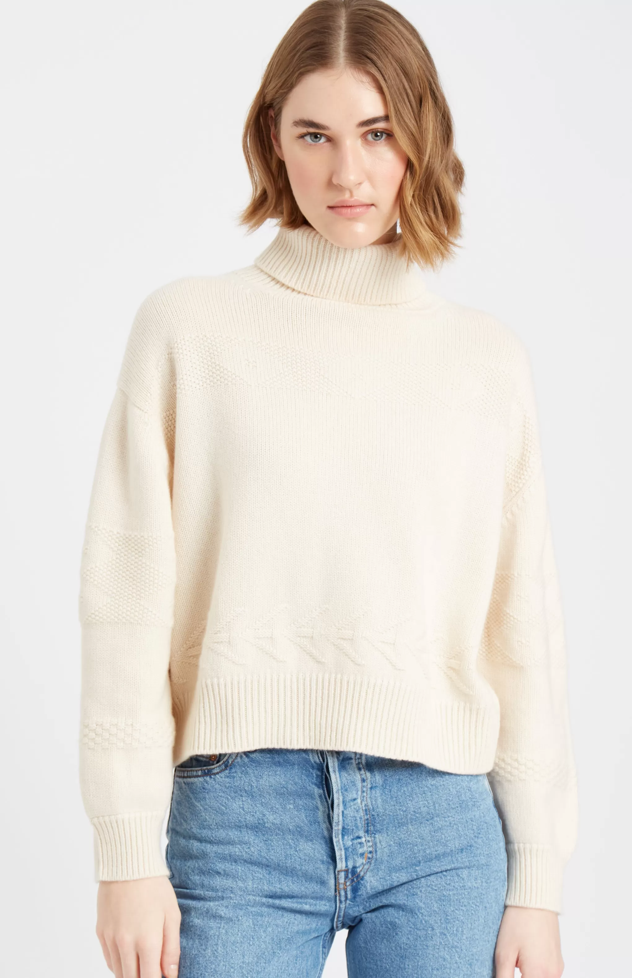 Cheap Roll Neck Guernsey Cashmere Jumper In Vanilla Cream Men/Women Made in Scotland