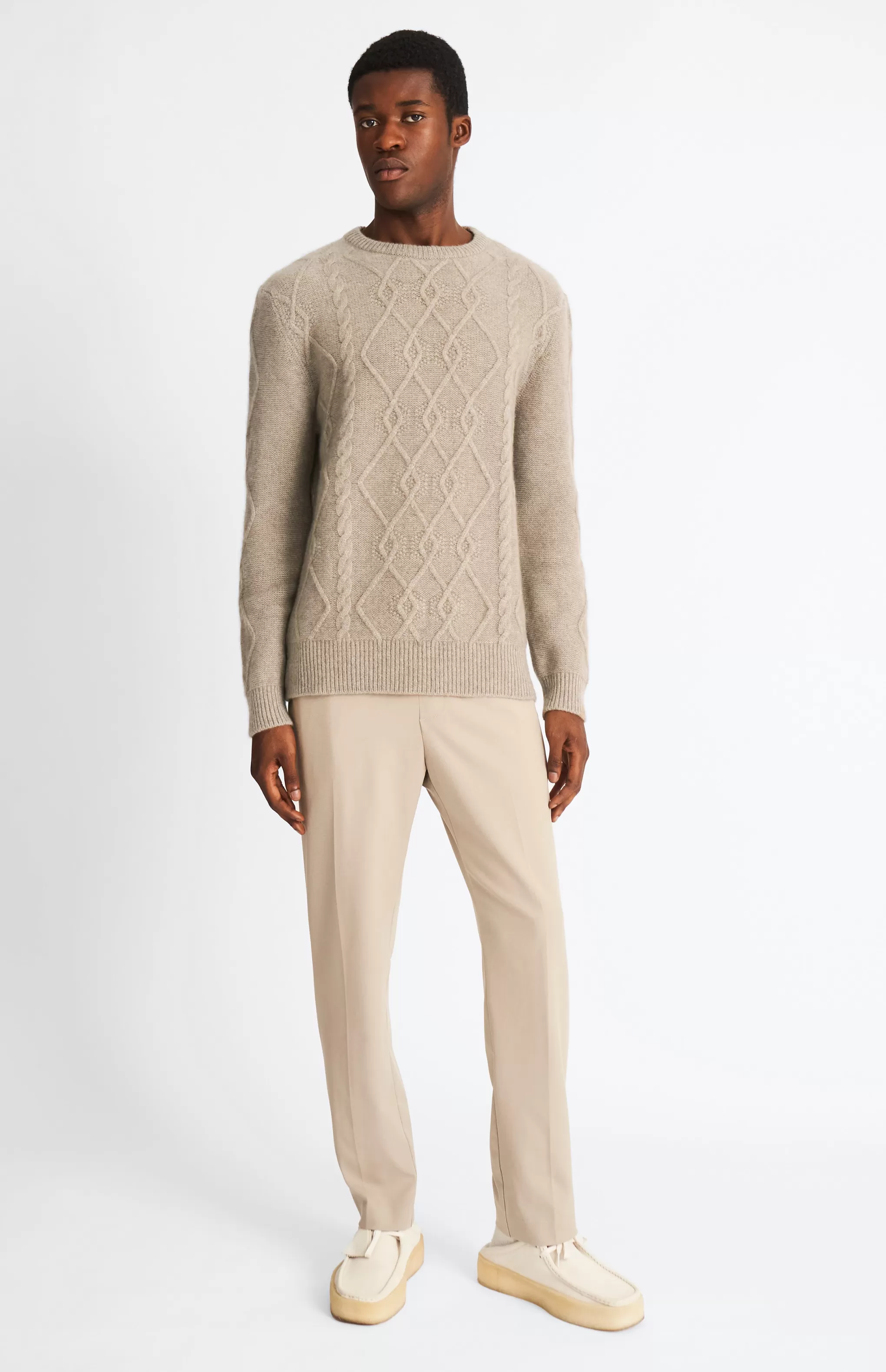 Discount Round Neck Cable Stitch Cashmere Jumper In In Dark Natural Men Medium Weight Knits