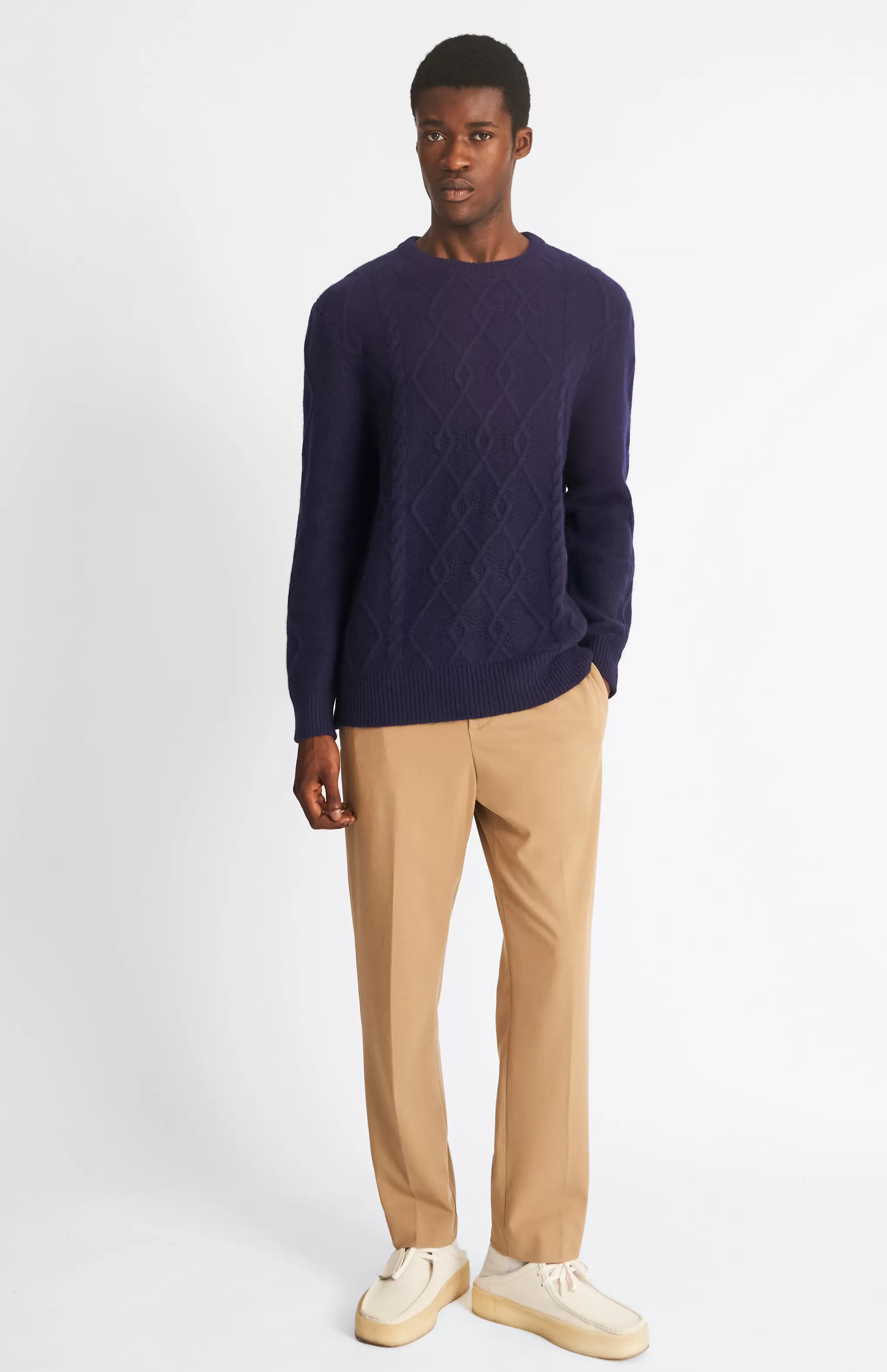 Sale Round Neck Cable Stitch Cashmere Jumper In In Ink Men Jumpers