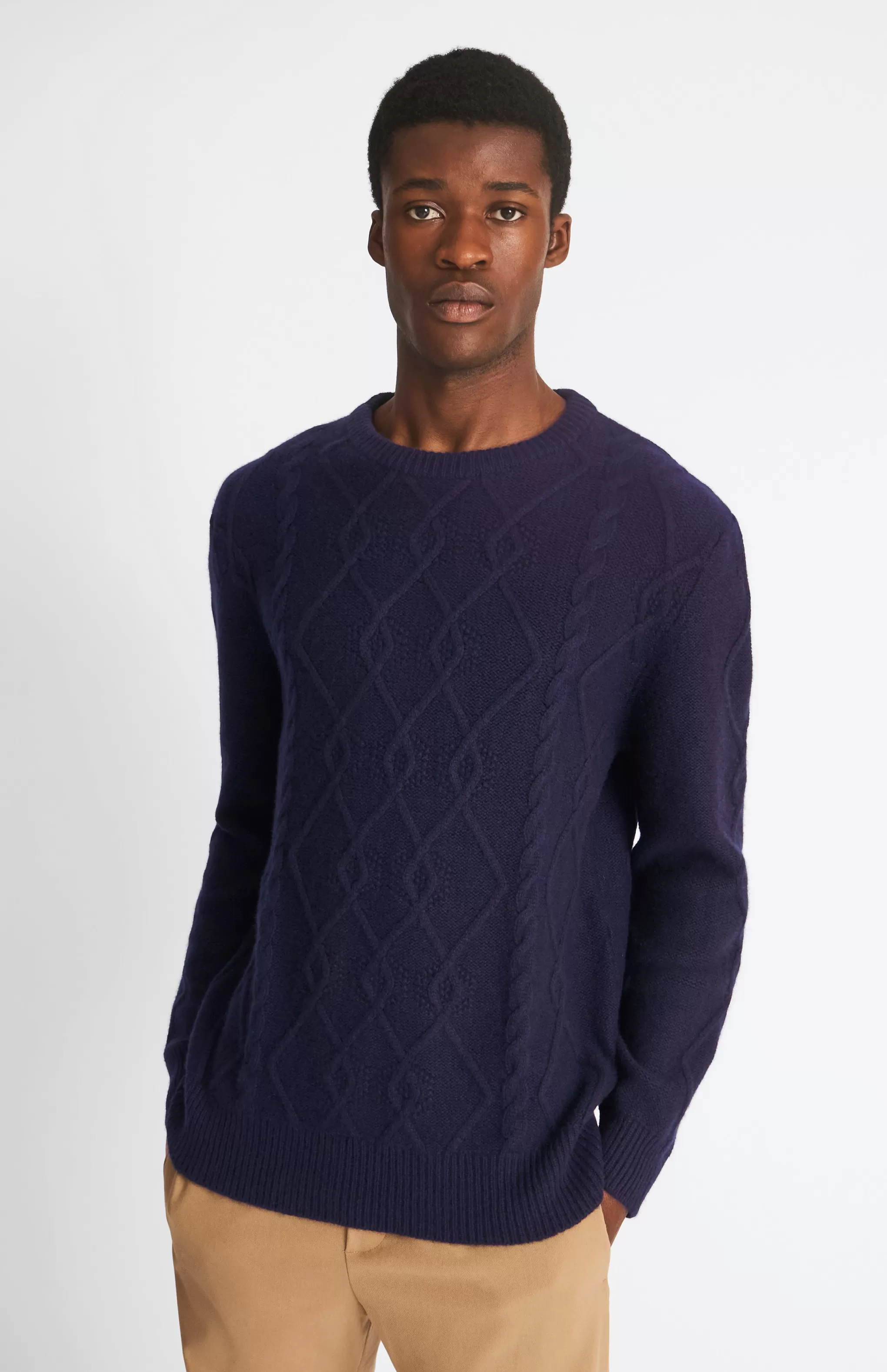 Sale Round Neck Cable Stitch Cashmere Jumper In In Ink Men Jumpers