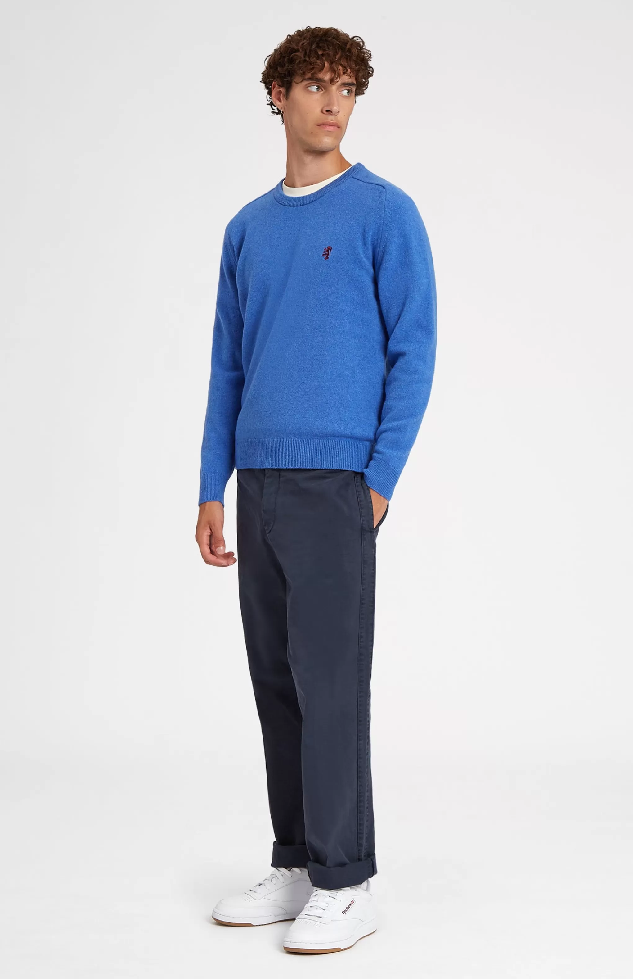 Sale Round Neck Lion Lambswool Jumper In Blue Oxide Men Round Neck Knits