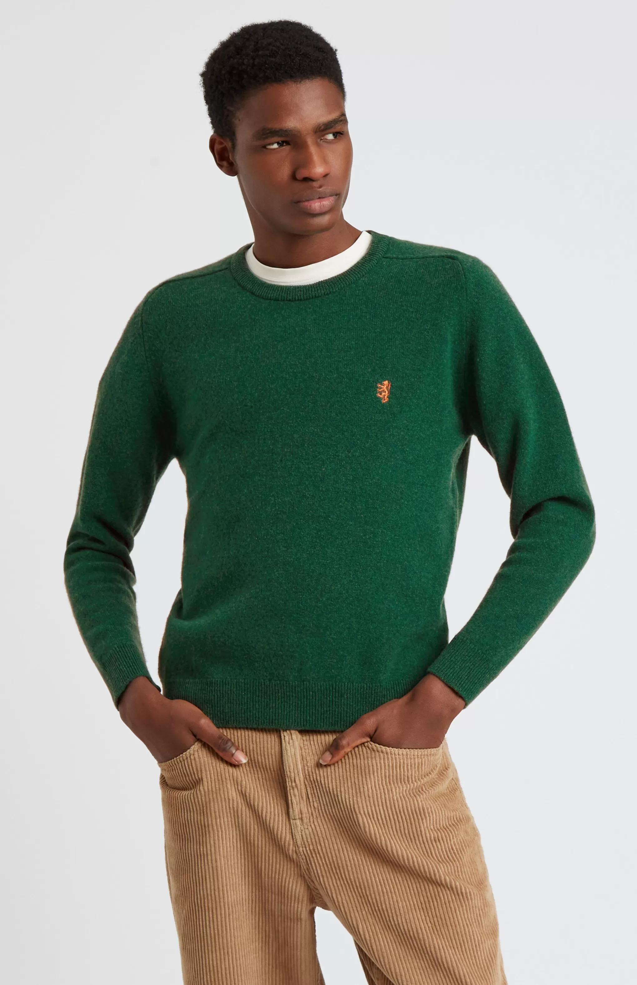 Online Round Neck Lion Lambswool Jumper In Forest / Sandstorm Men Round Neck Knits